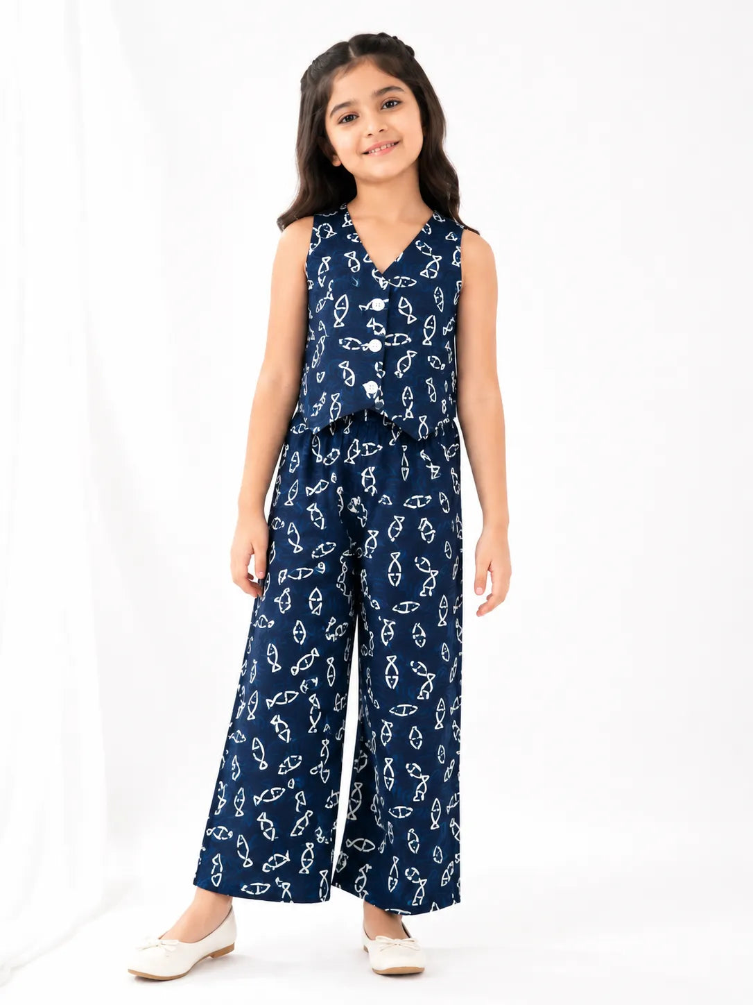 Girls Navy Blue Fish-Print Vest Top & Wide-Leg Co-Ord Set