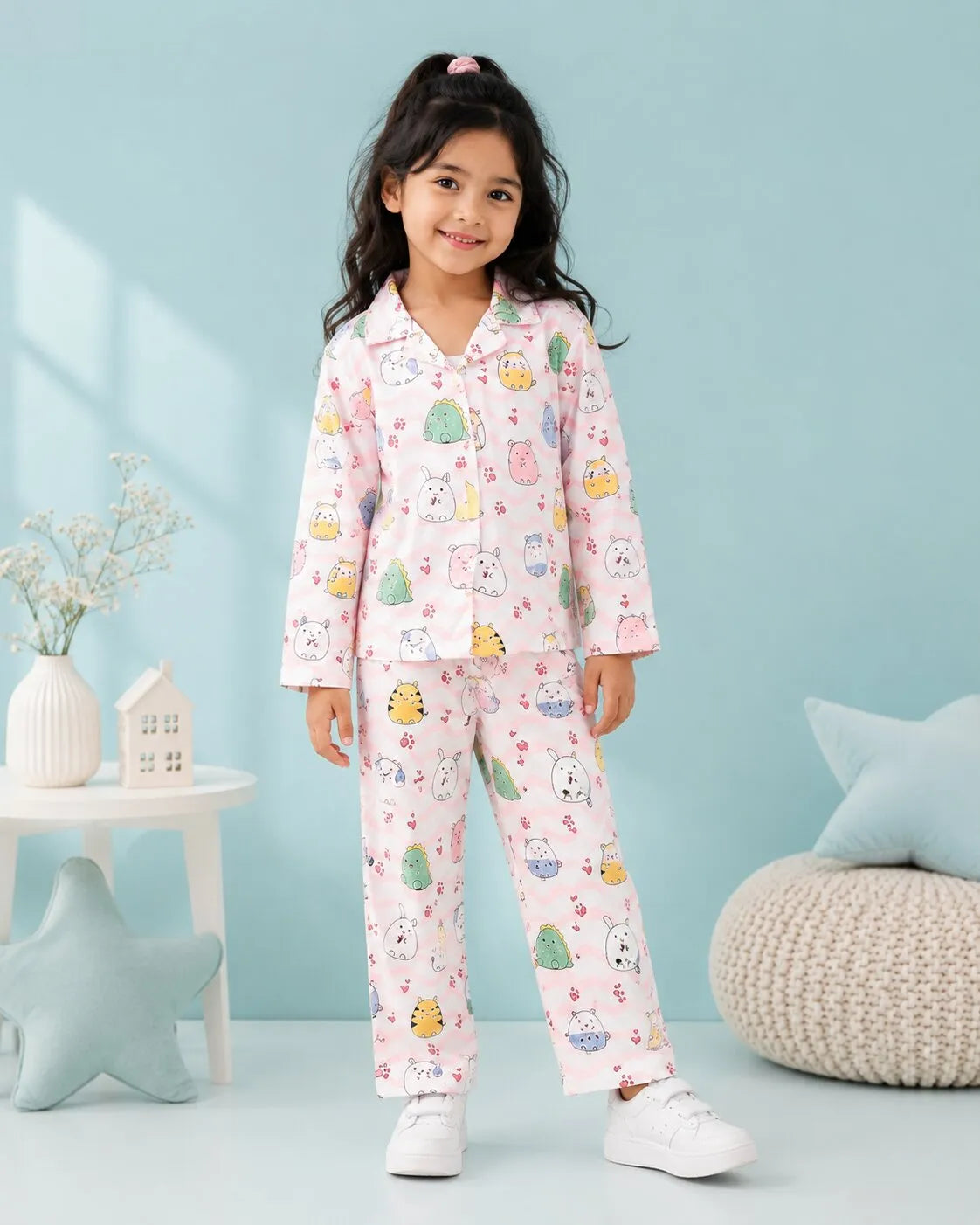 Girls Whimsical Animal & Wave Print Premium Satin Night Suit – Full Sleeve Shirt & Pajama Set