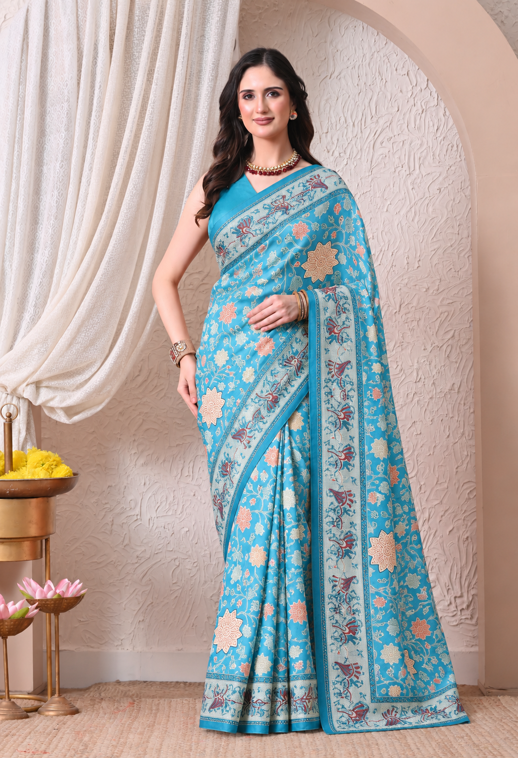 Elegant Turquoise Blue Chiffon Saree with Floral Print