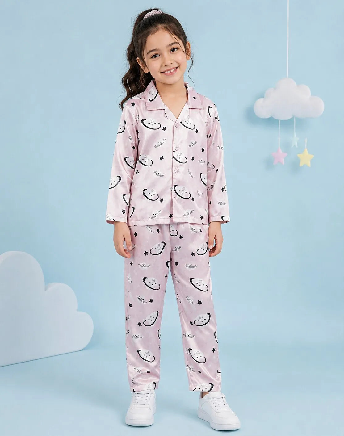 Girls Pink Celestial Printed Satin Night Suit Set