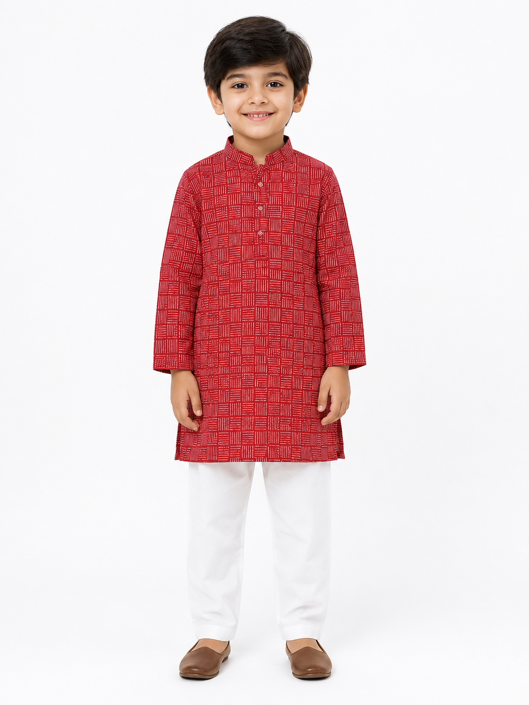 Boys Red & White Geometric Printed Pure Cotton Kurta with Pyjamas