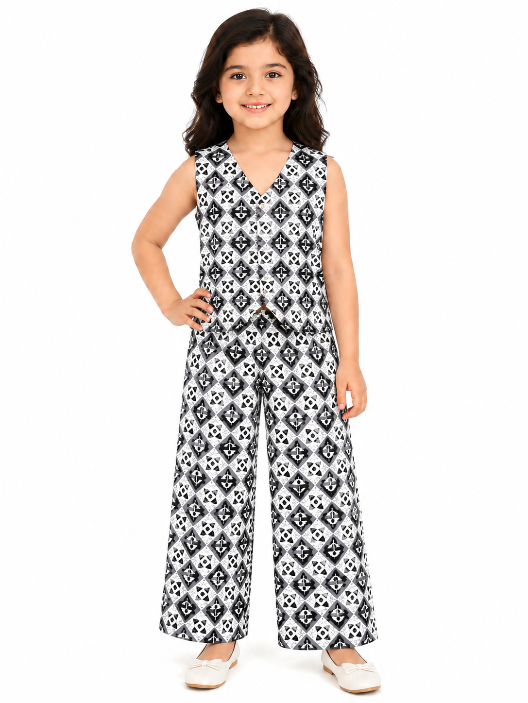Girls Pure Cotton Monochrome Geometric Print Vest Style Crop Top and Wide-Leg Trousers Co-Ord Set