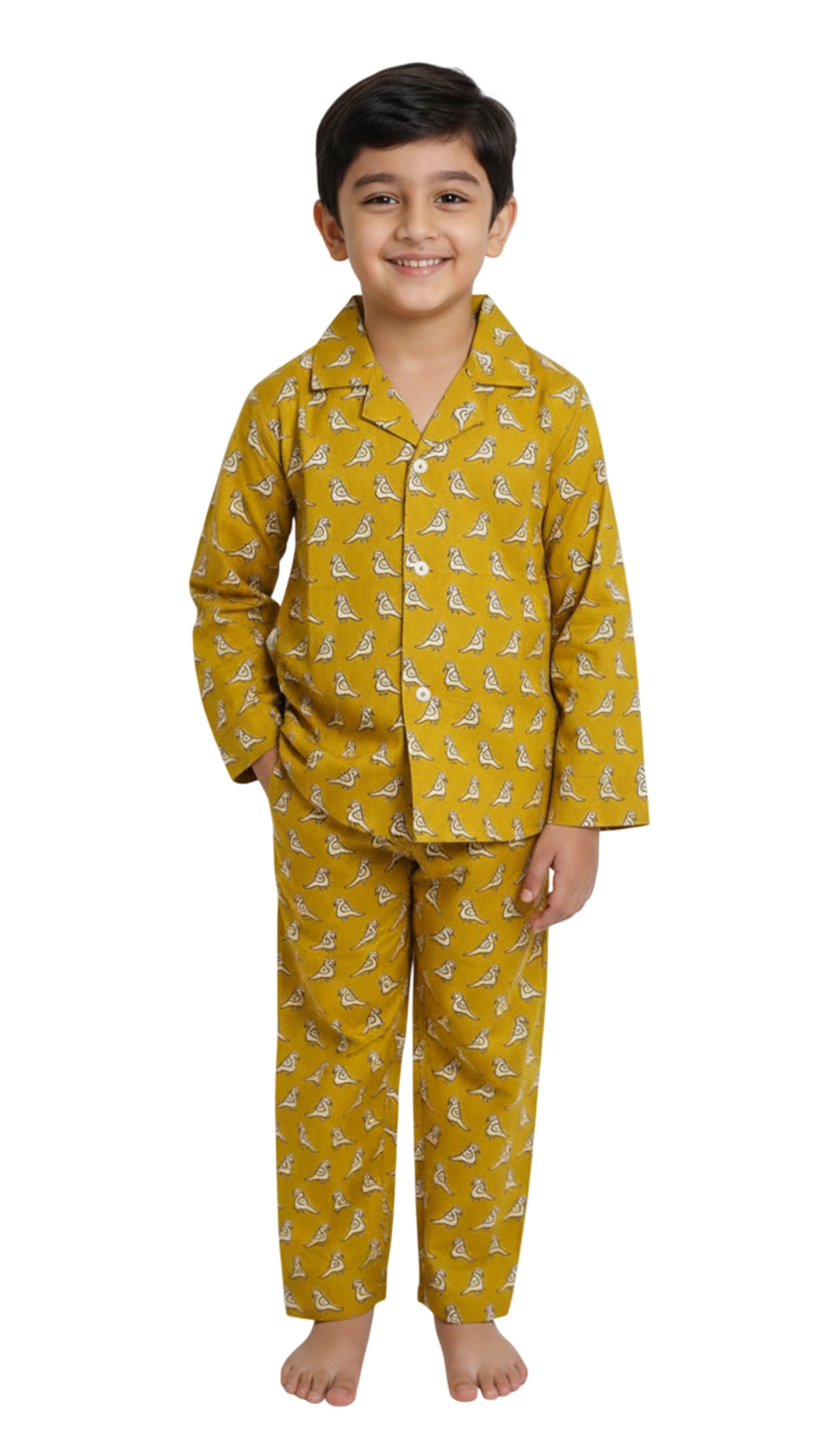 Boys Mustard Yellow & White Bird Print Pure Cotton Night Suit