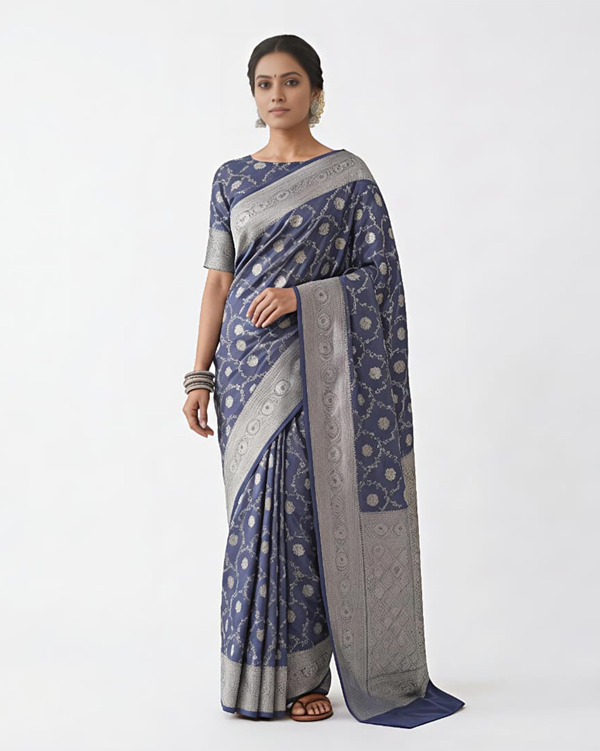 Navy Blue & Silver-Toned Silk Blend Woven Design Banarasi Saree