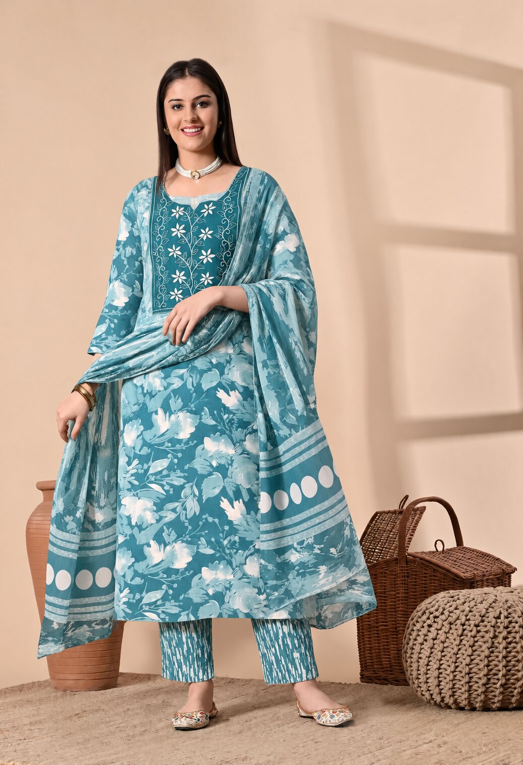 Teal Blue Cotton Printed Suit Set with Cotton Dupatta