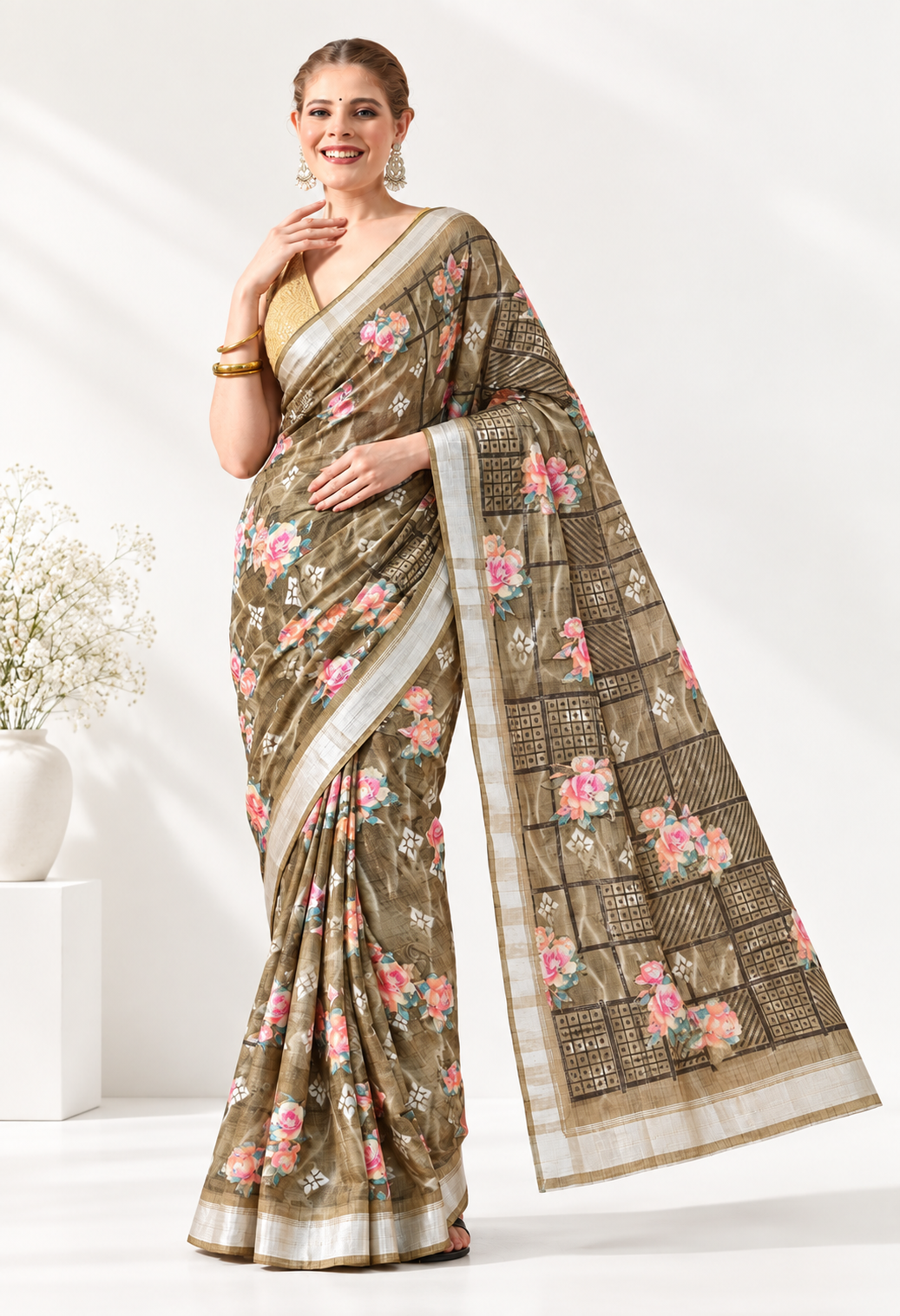 Elegant Olive Green Floral Printed Saree with Antique Gold Border
