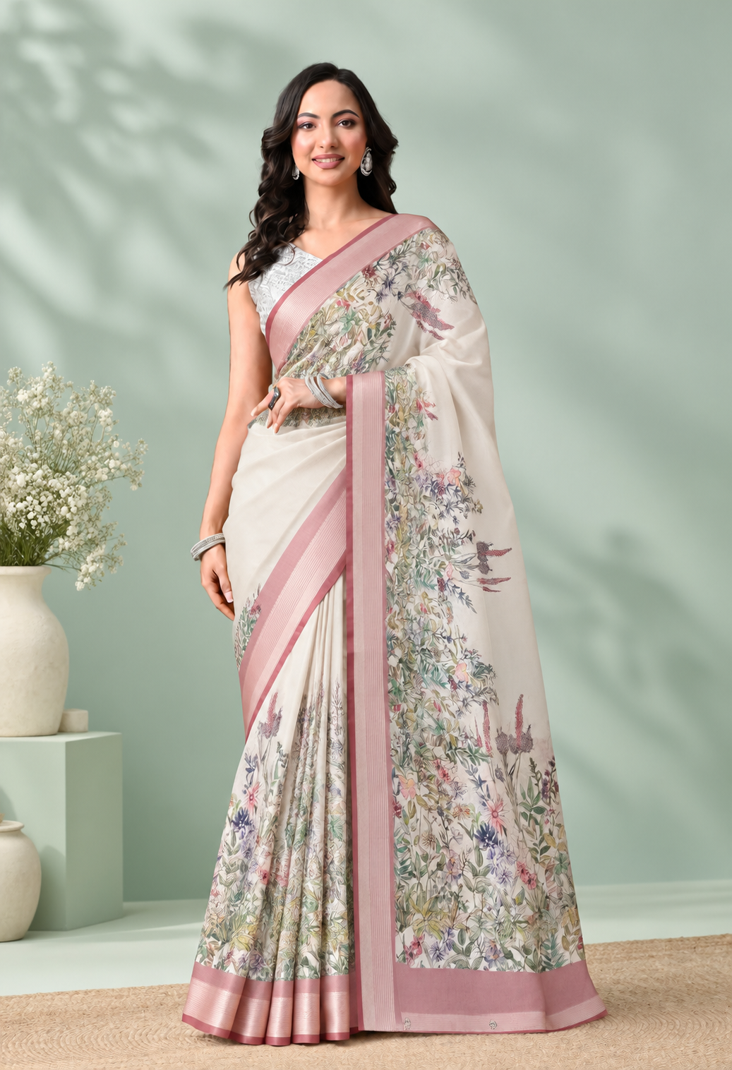 Elegant Ivory Floral Printed Saree with Blush Pink Border & Pallu
