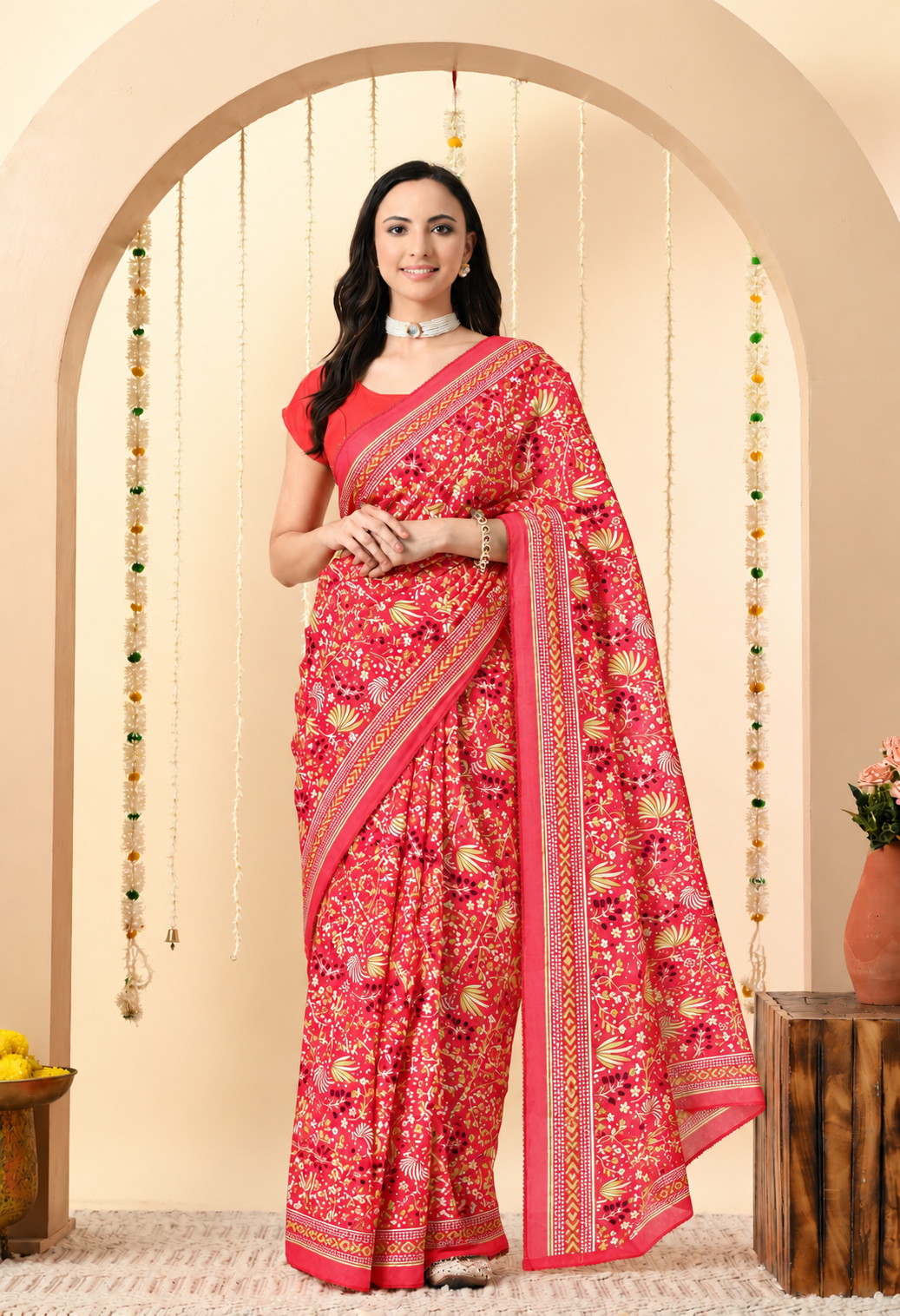 Elegant Red Georgette Saree with Intricate Floral Print