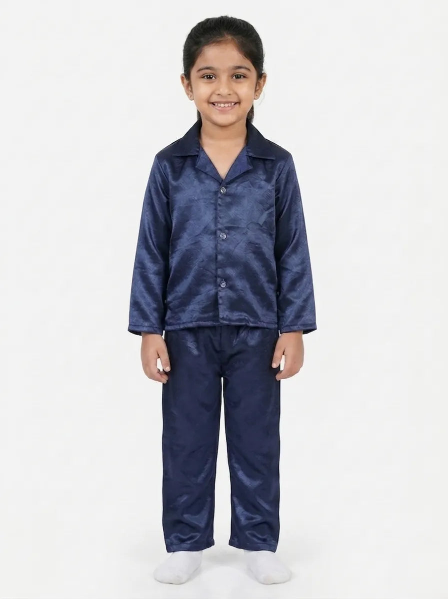Girls Navy Blue Luxury Satin Night Suit Set – Smooth Full-Sleeve Shirt & Relaxed Pyjamas