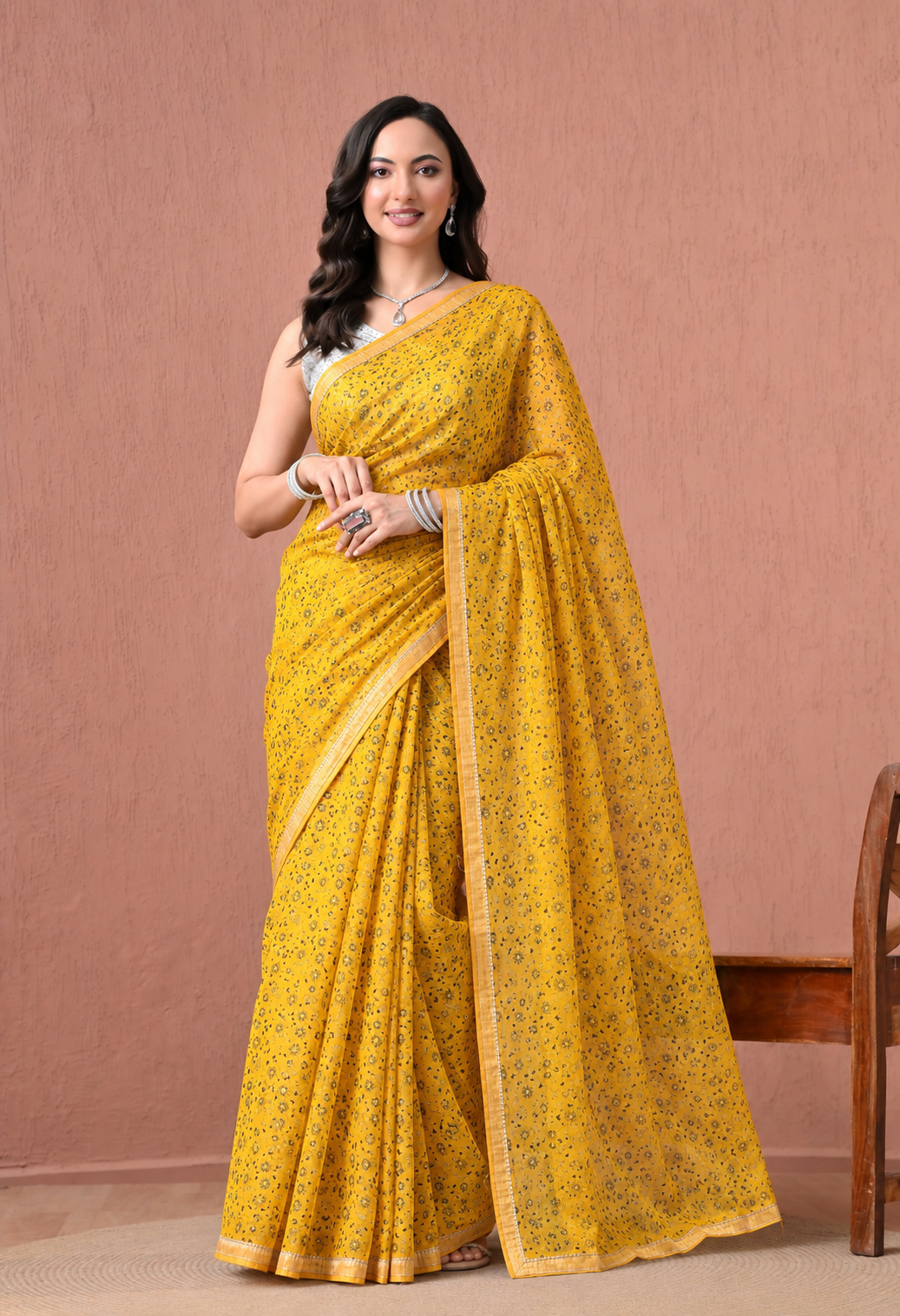 Mustard Yellow Chiffon Saree with Delicate Floral Print