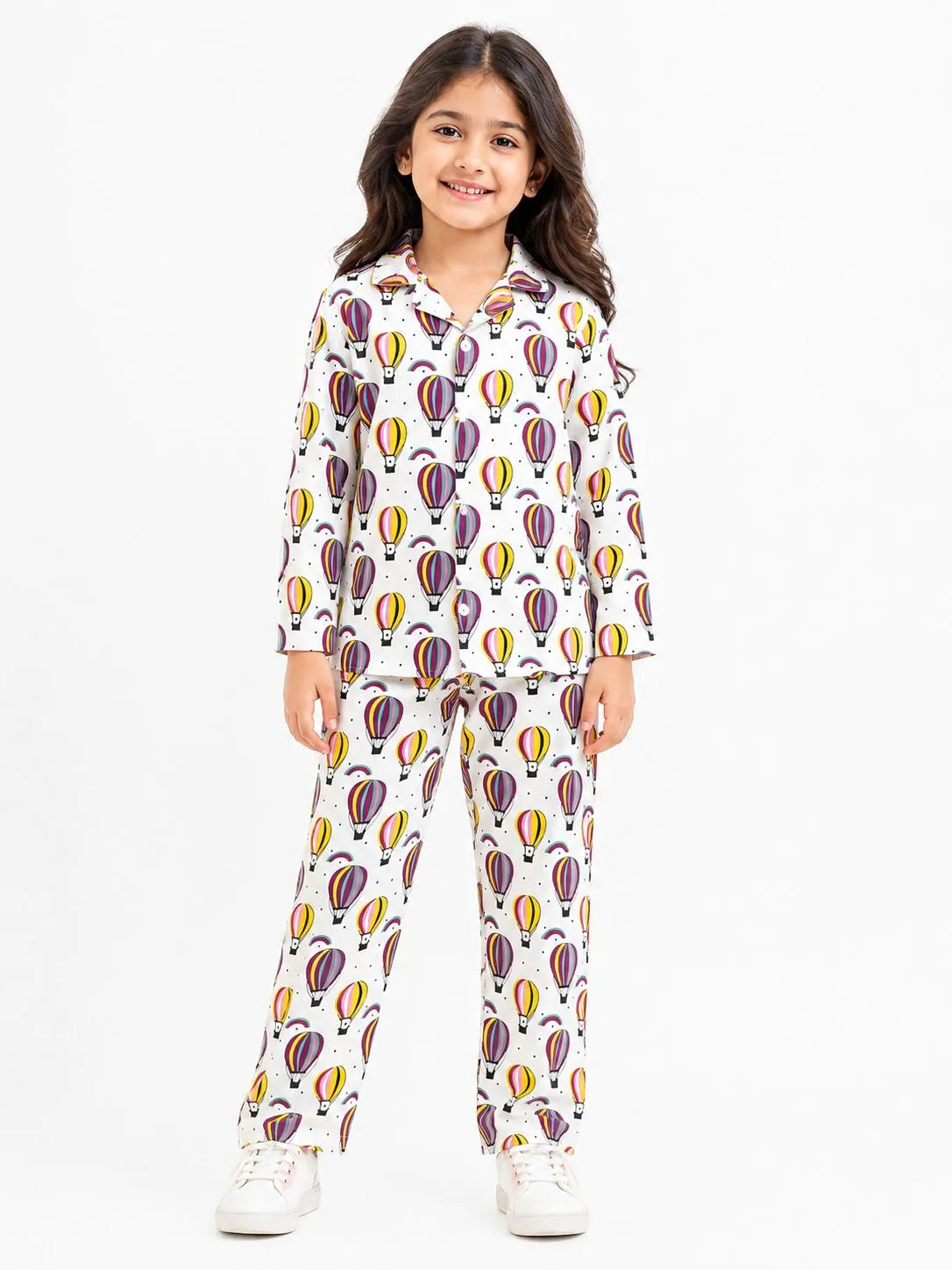 Kids Girls Full Sleeve Collared Pure Cotton Night Suit