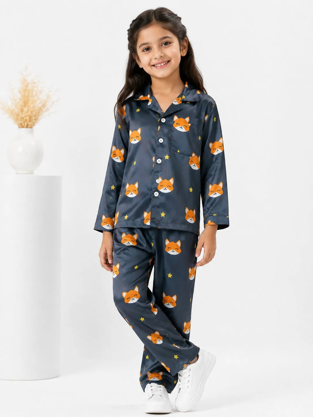 Kids Navy Blue Fox Print Satin Pajama Set