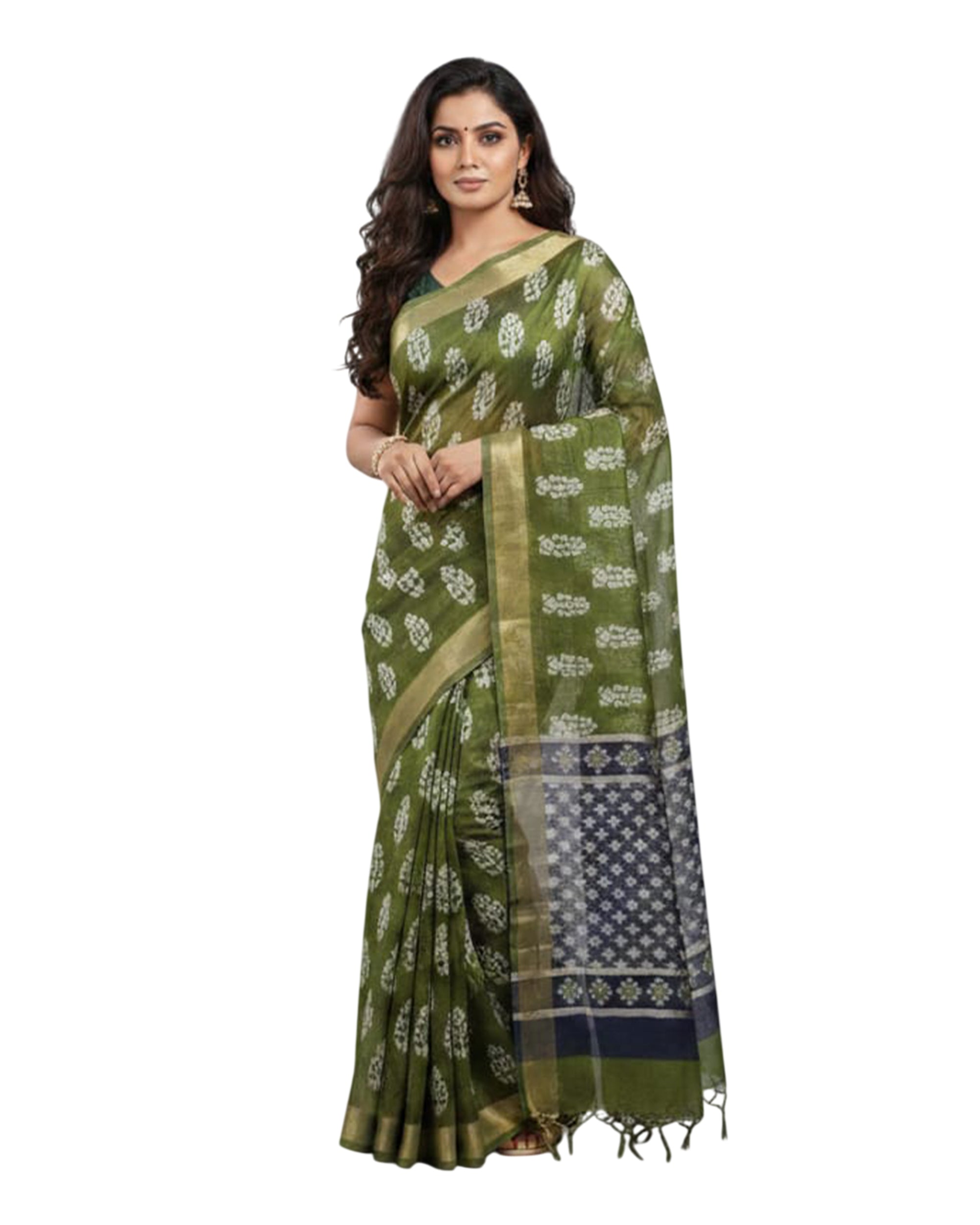 Women Olive Green & White Printed Chanderi Cotton Saree with Contrast Pallu
