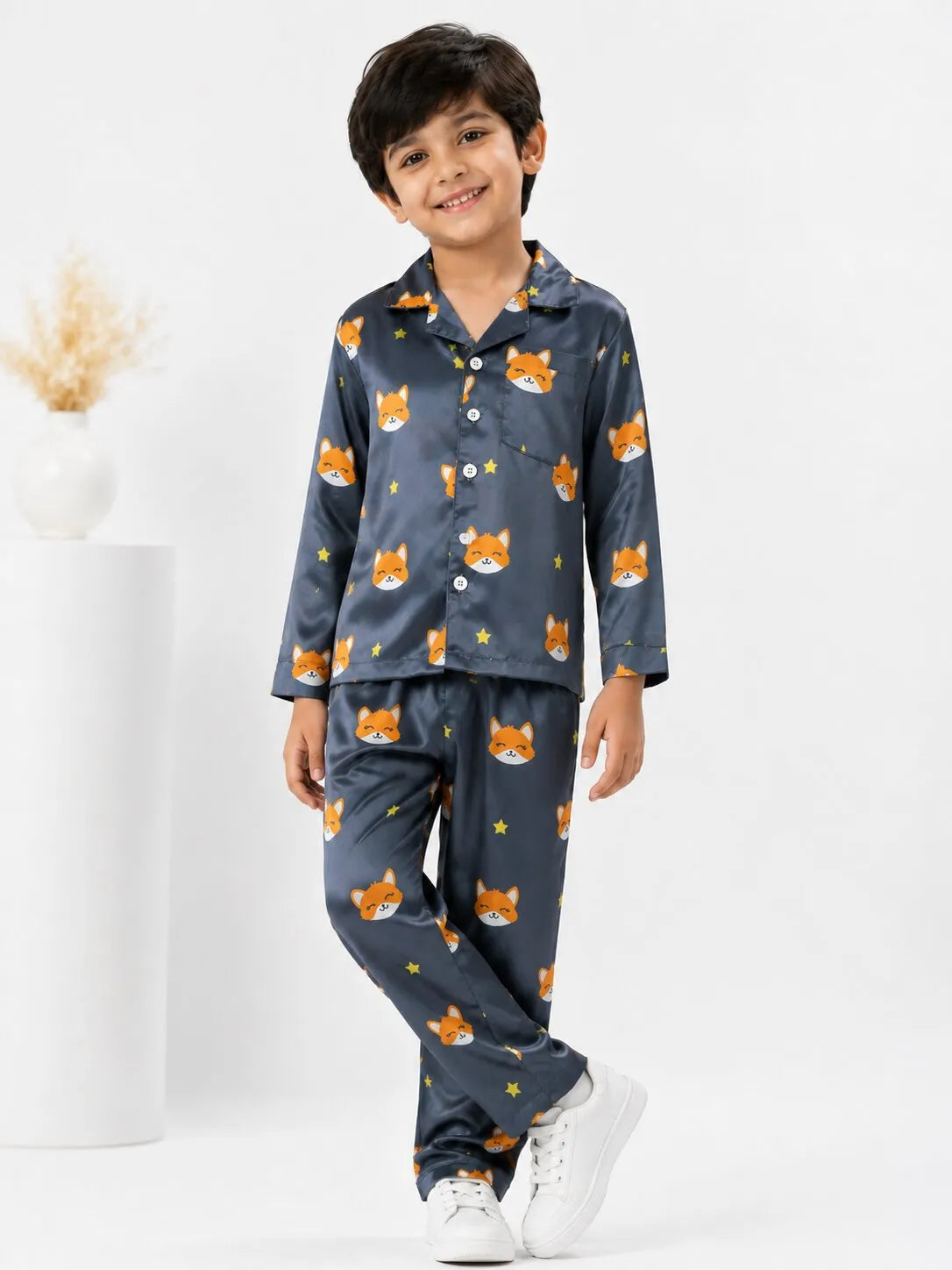 Kids Navy Blue Fox Print Satin Pajama Set