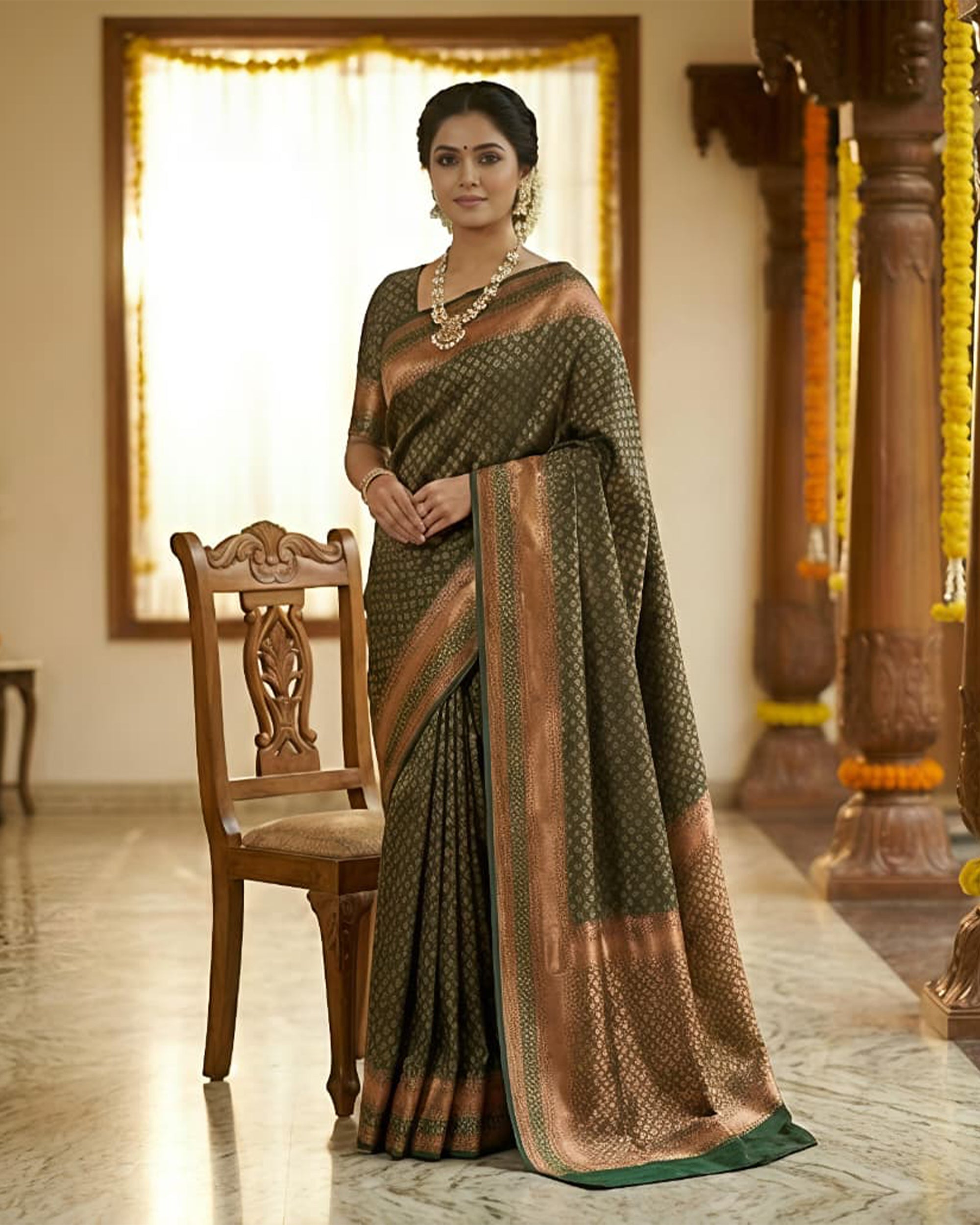 Olive Green & Copper-Toned Woven Design Banarasi Art Silk Saree