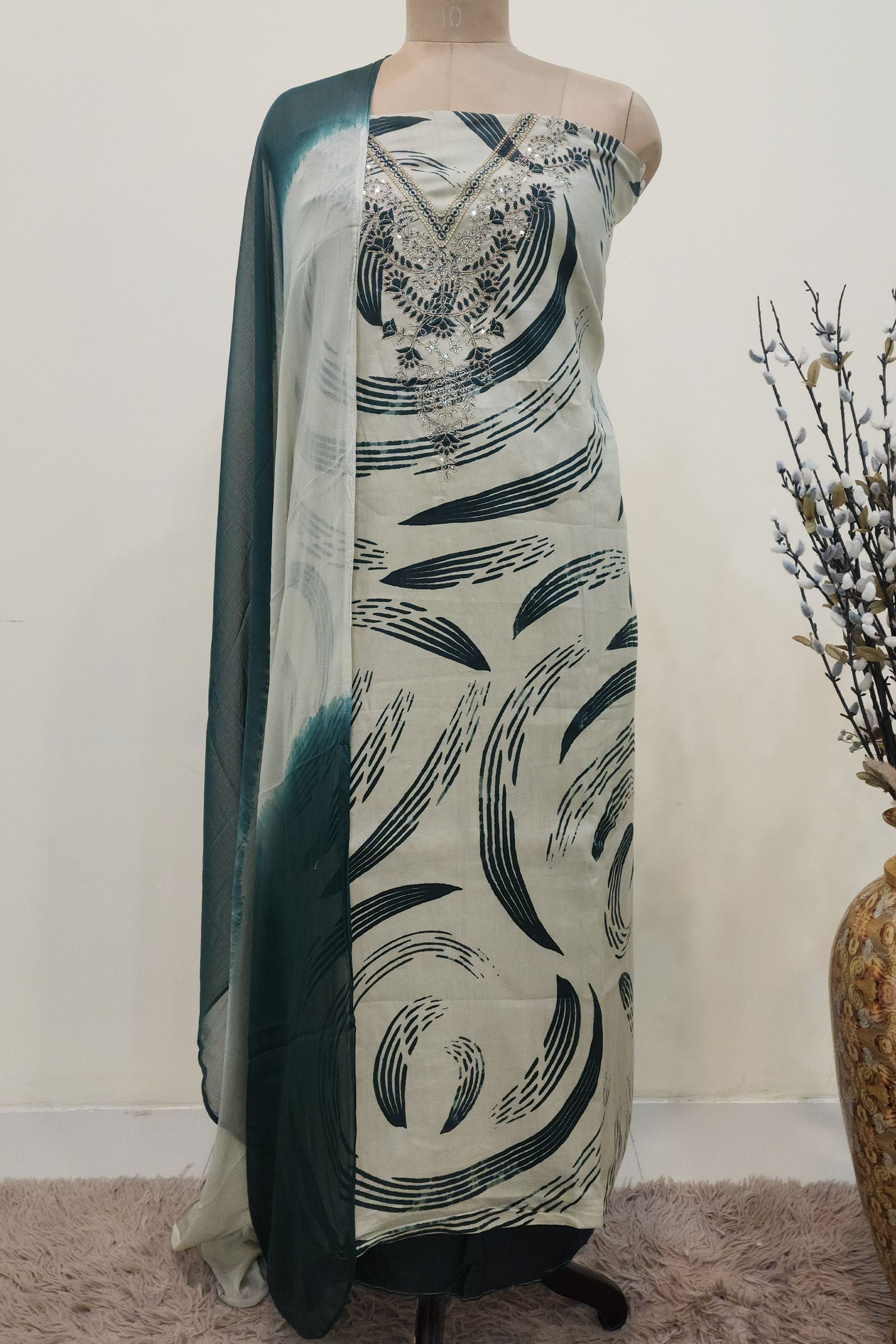 Women's Pure Cotton Abstract Swirl Print Unstitched Suit