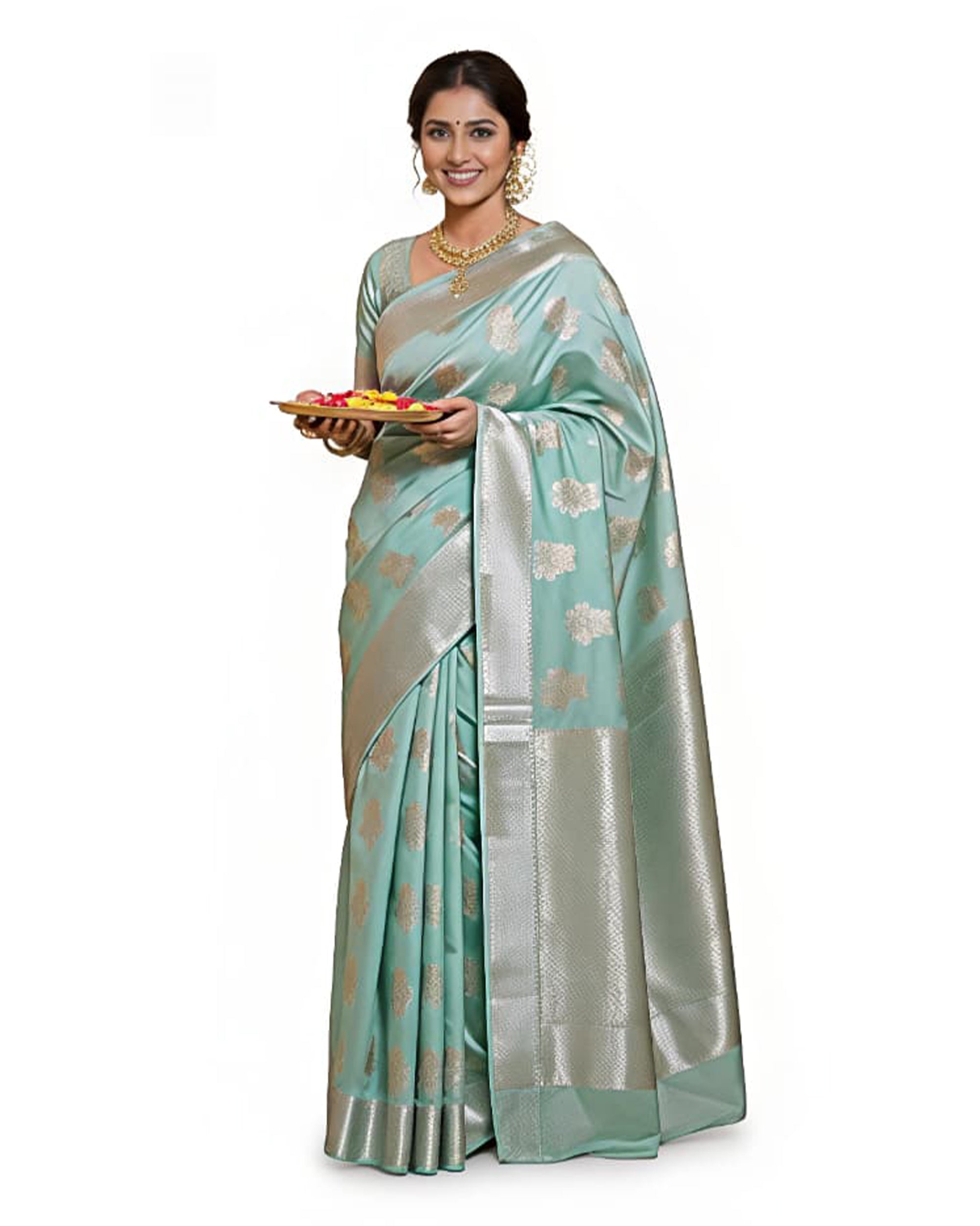 Sea Green & Silver-Toned Woven Design Banarasi Silk Saree with Blouse Piece