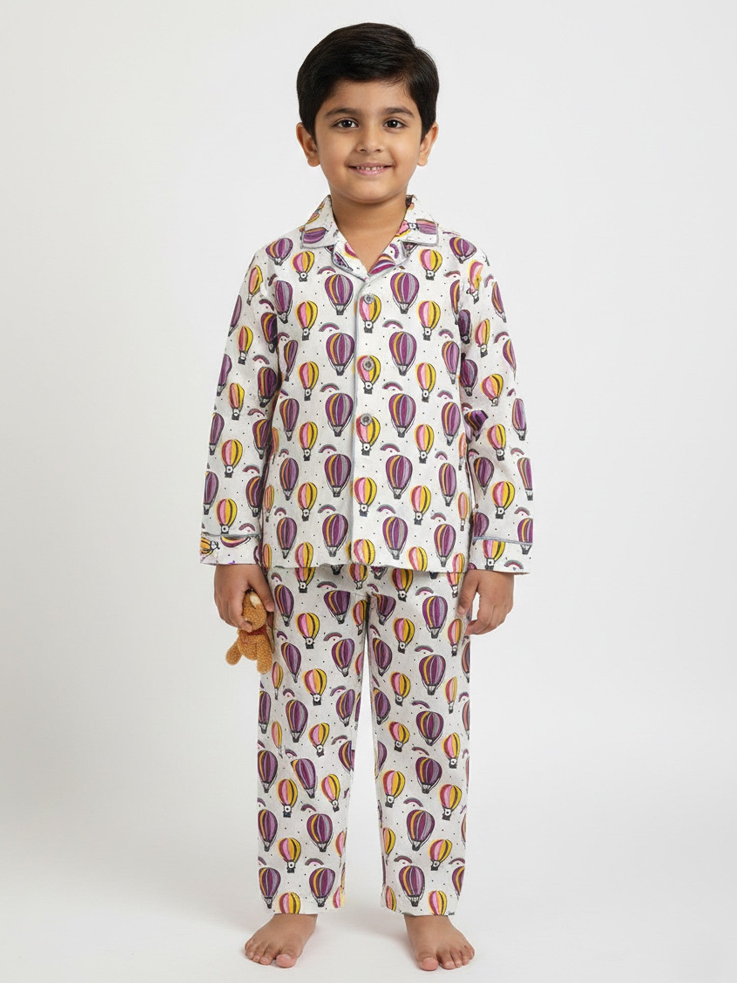 Kids Boys Full Sleeve Collared Pure Cotton Night Suit