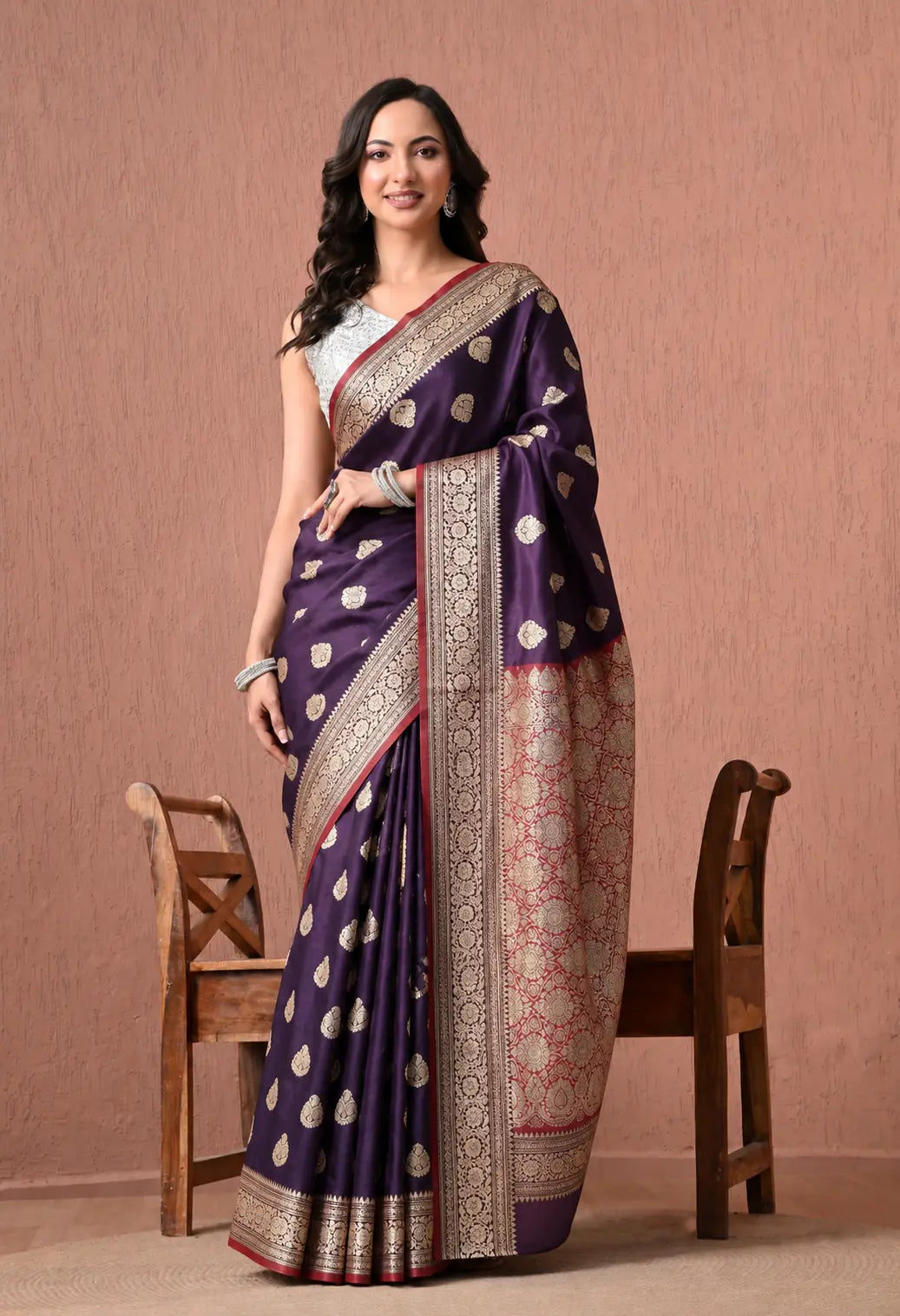 Regal Deep Purple Silk Blend Banarasi Saree with Zari Weaving