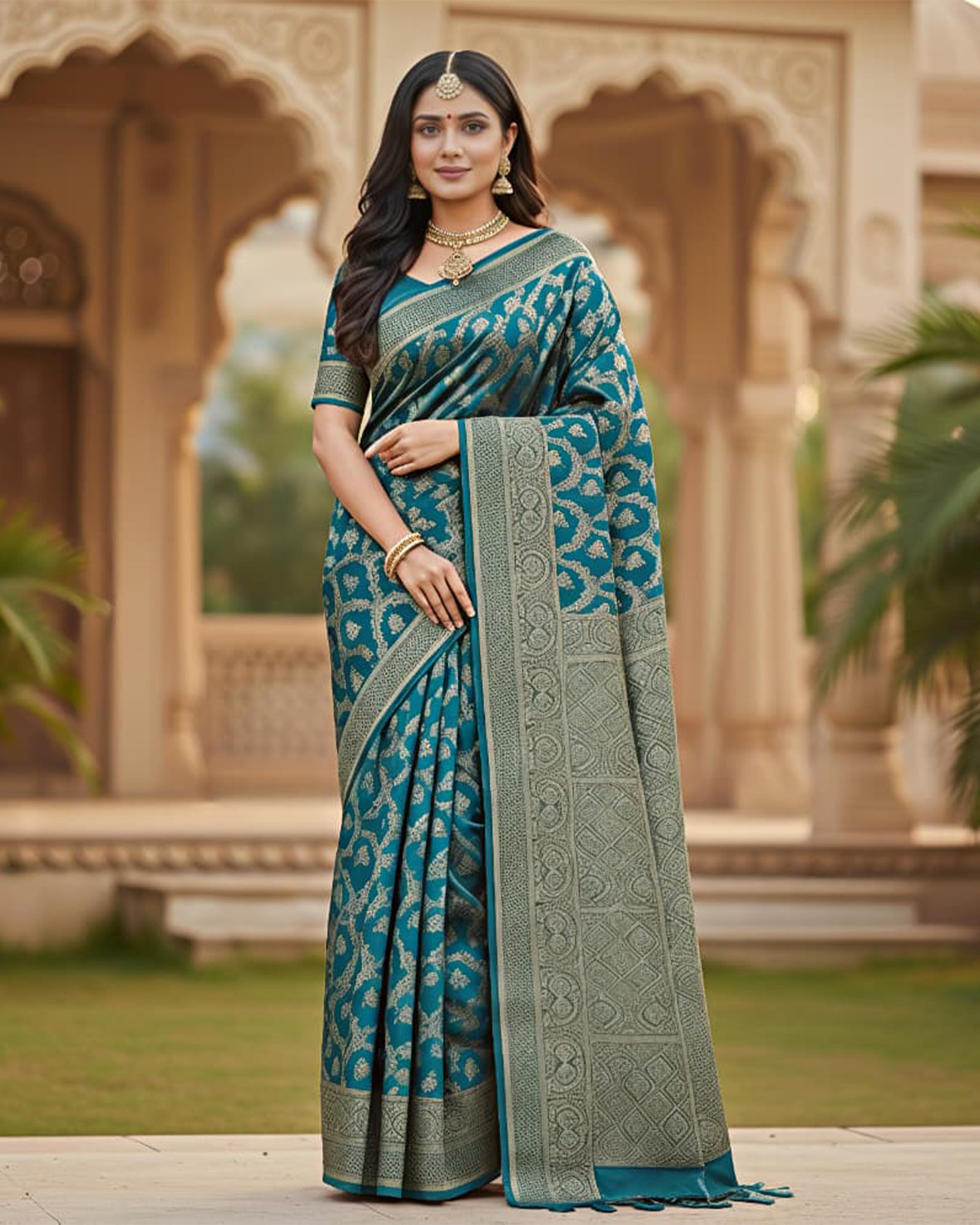 Women Teal Blue & Gold-Toned Woven Design Art Silk Saree with Unstitched Blouse