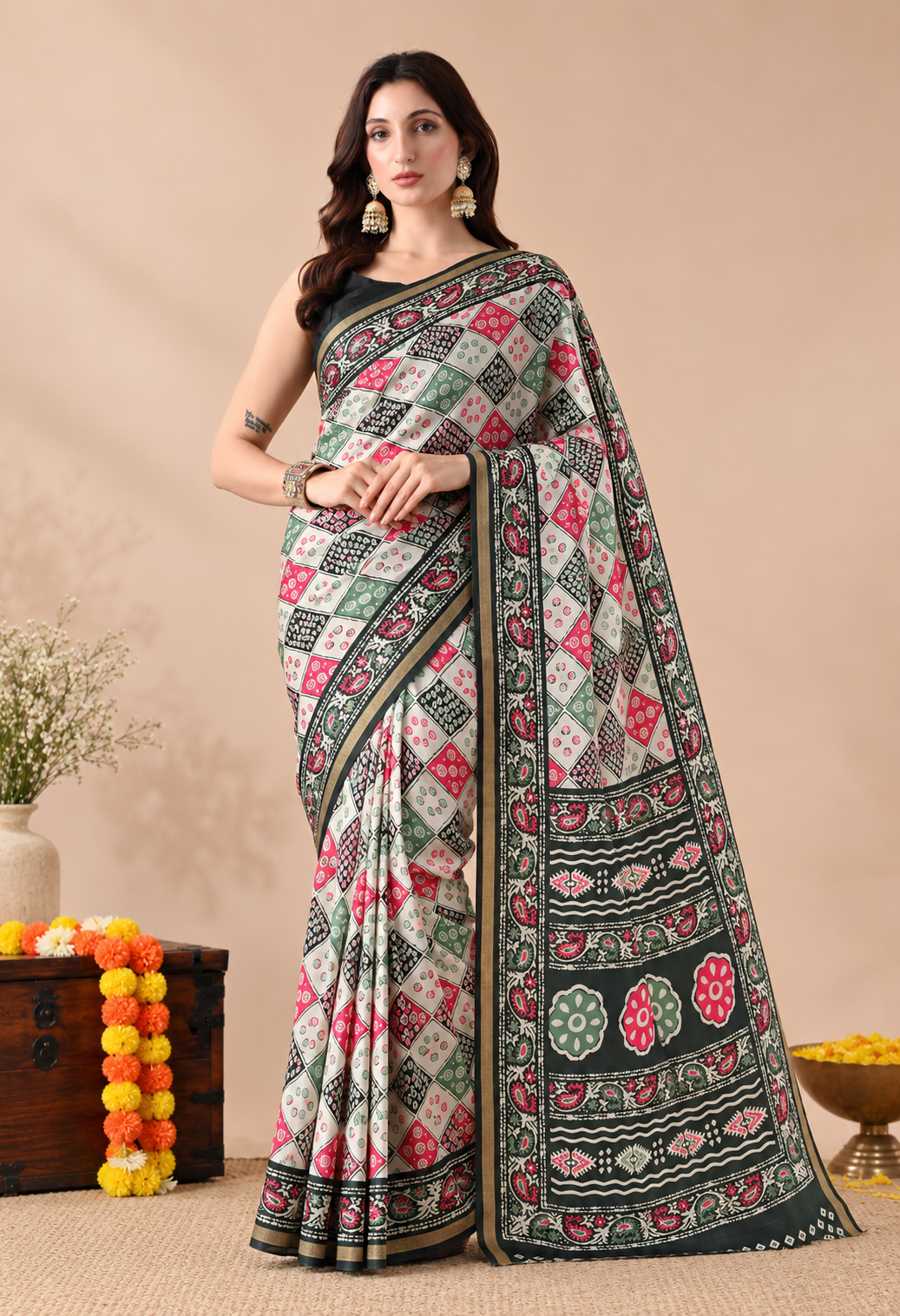 Elegant Off-White Geometric Floral Printed Saree with Dark Green Traditional Border