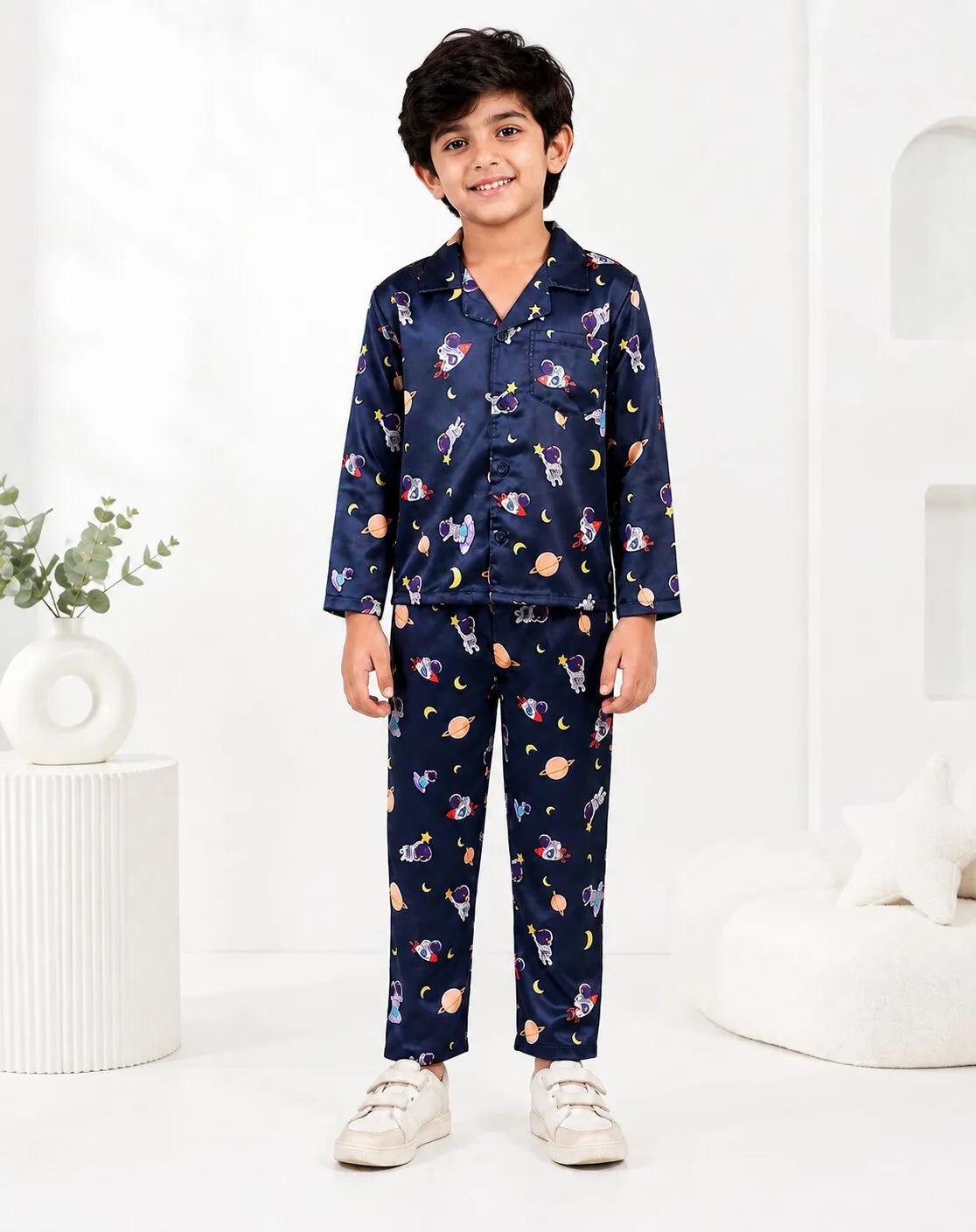 Kids Boys Navy Blue & Multi Satin Space Print Nightsuit Set