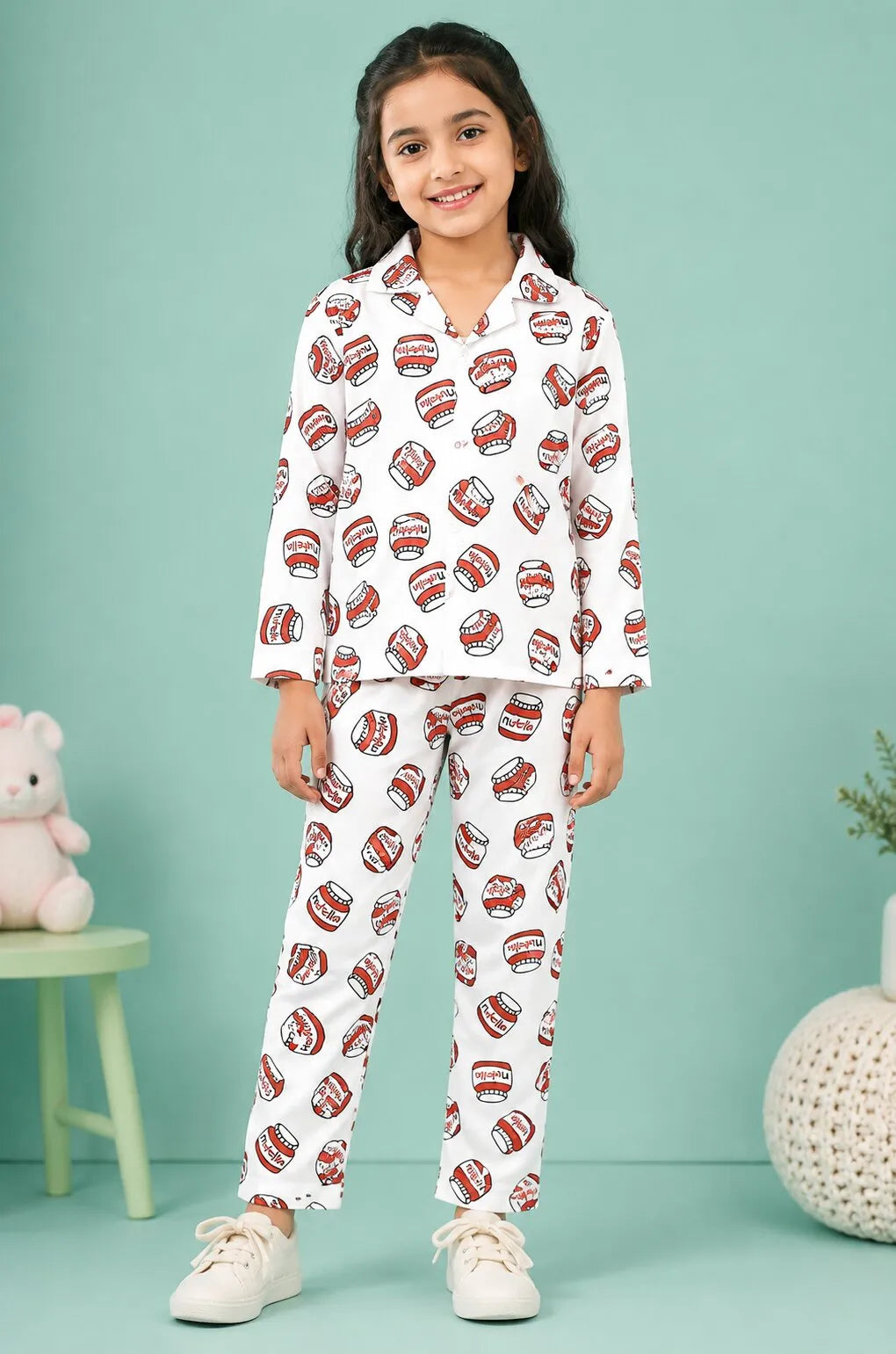 Girls Satin Nutella Print Night Suit – White & Red