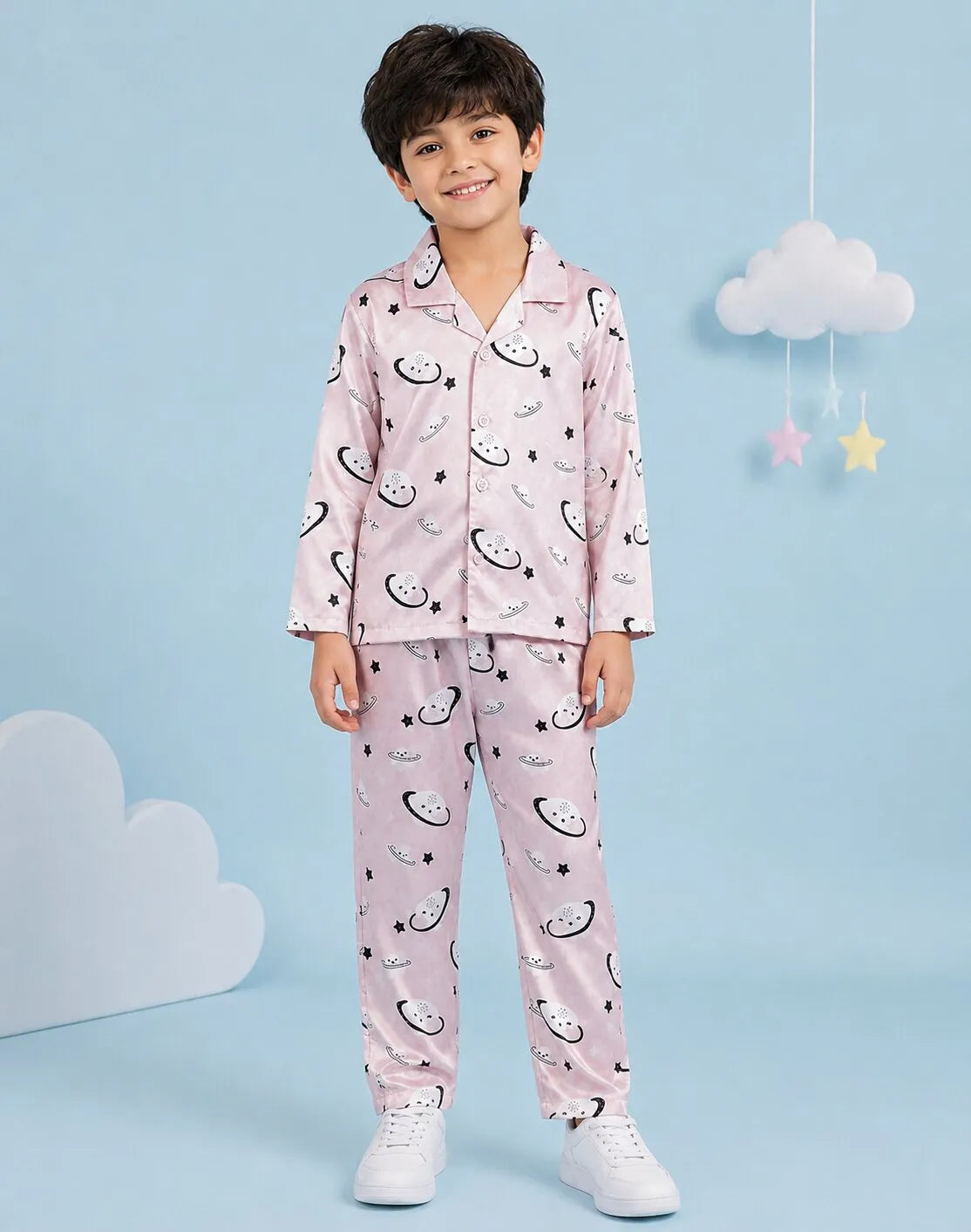 Boys Pink Celestial Printed Satin Night Suit Set