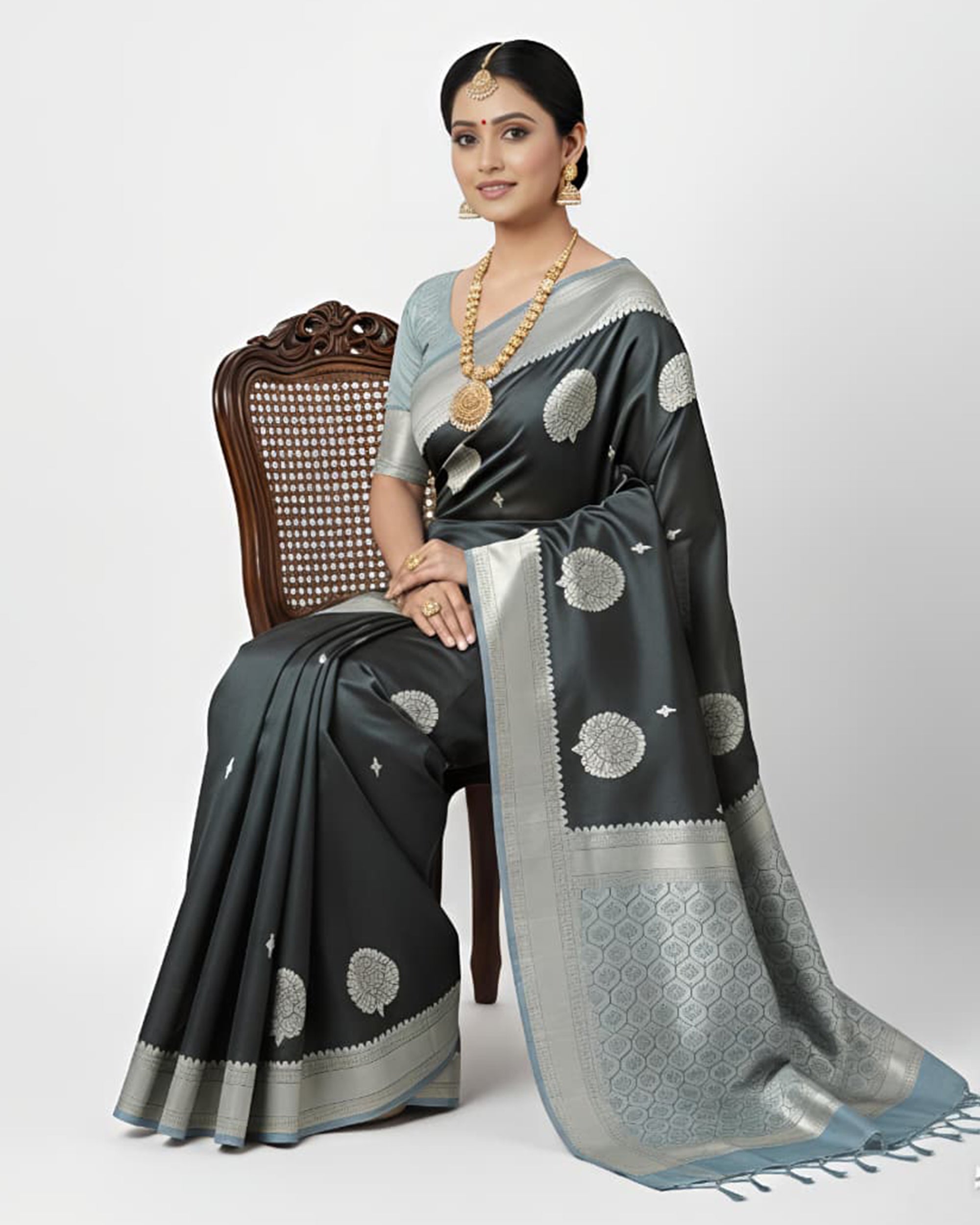 Charcoal Grey & Silver-Toned Art Silk Kanjeevaram Style Saree with Blouse Piece