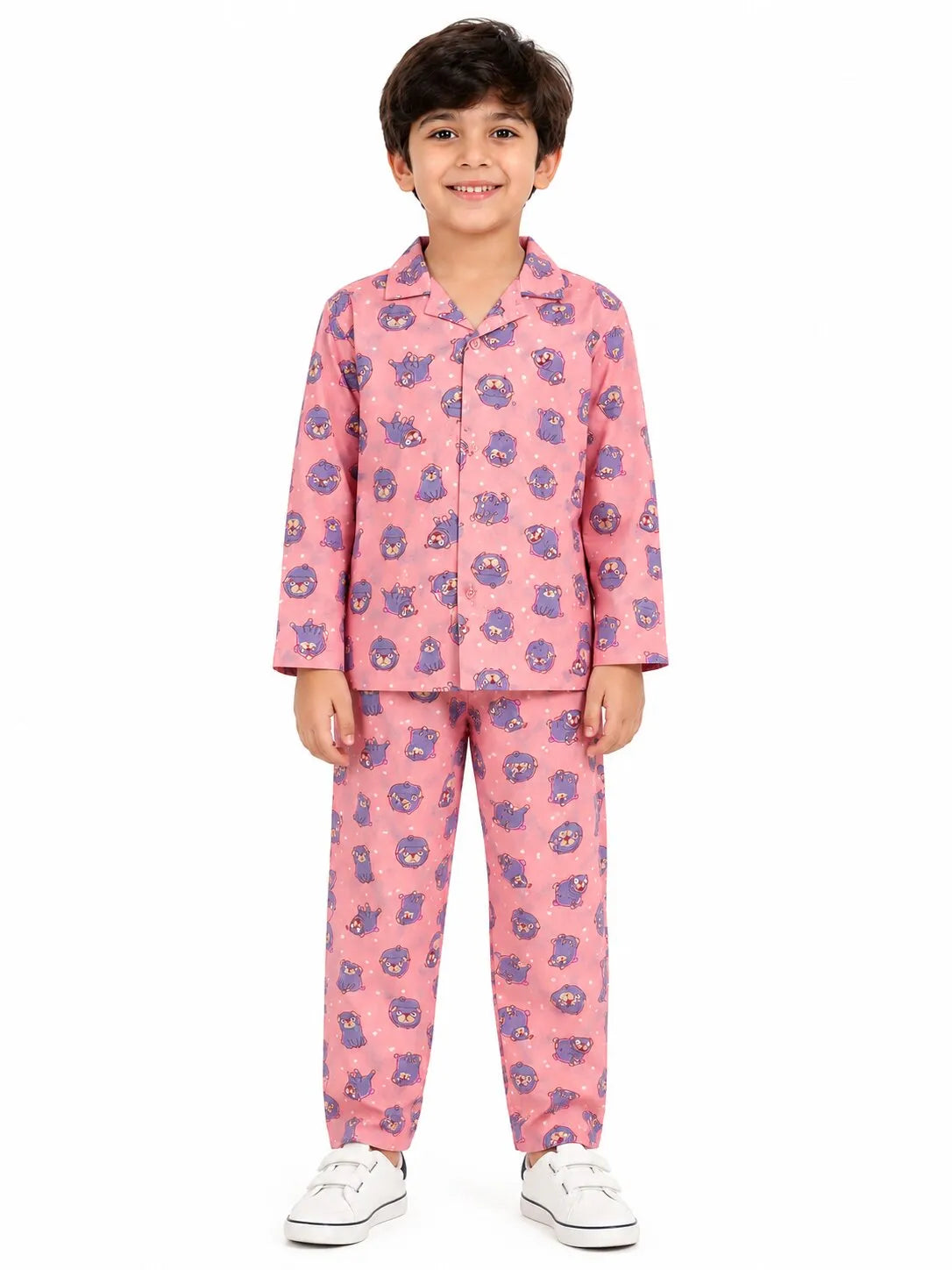 Boys Pink & Grey Pug Printed Pure Cotton Night Suit