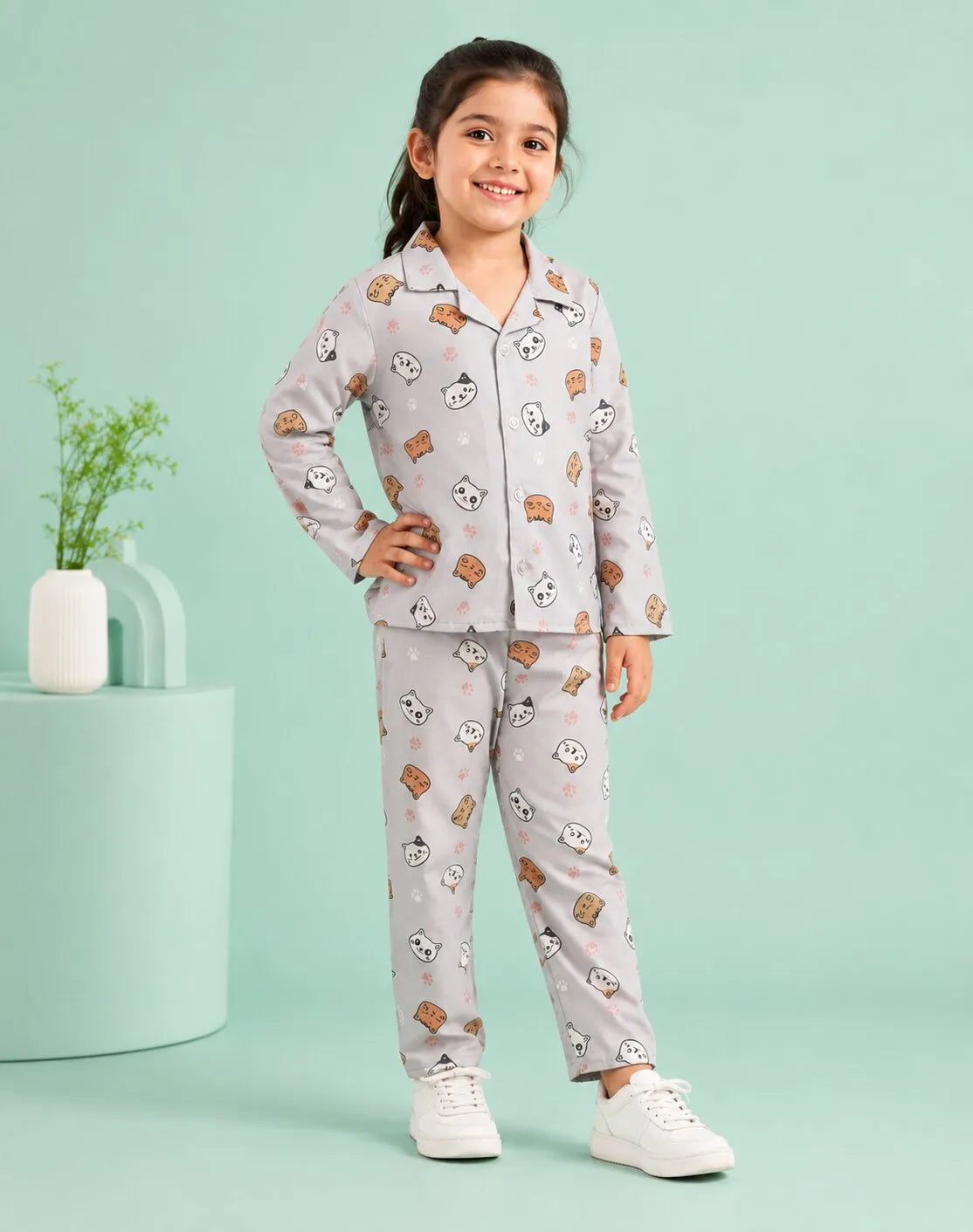 Girls Grey & Orange Cat Printed Satin Night Suit
