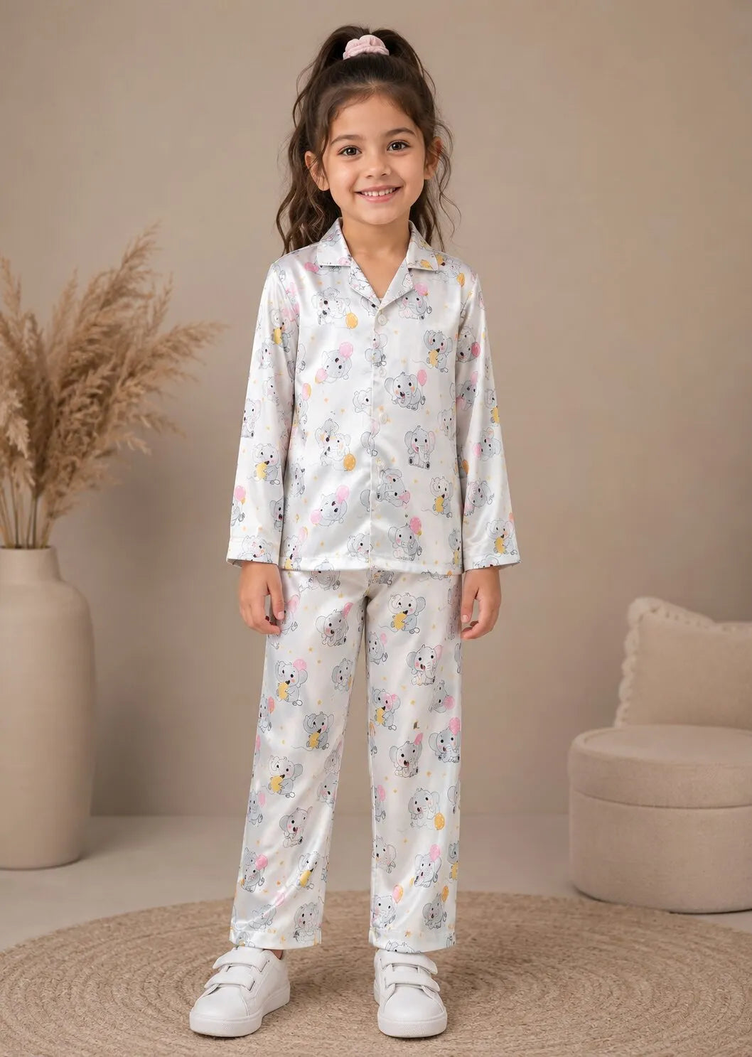 Girls Satin Elephant & Balloon Print Night Suit