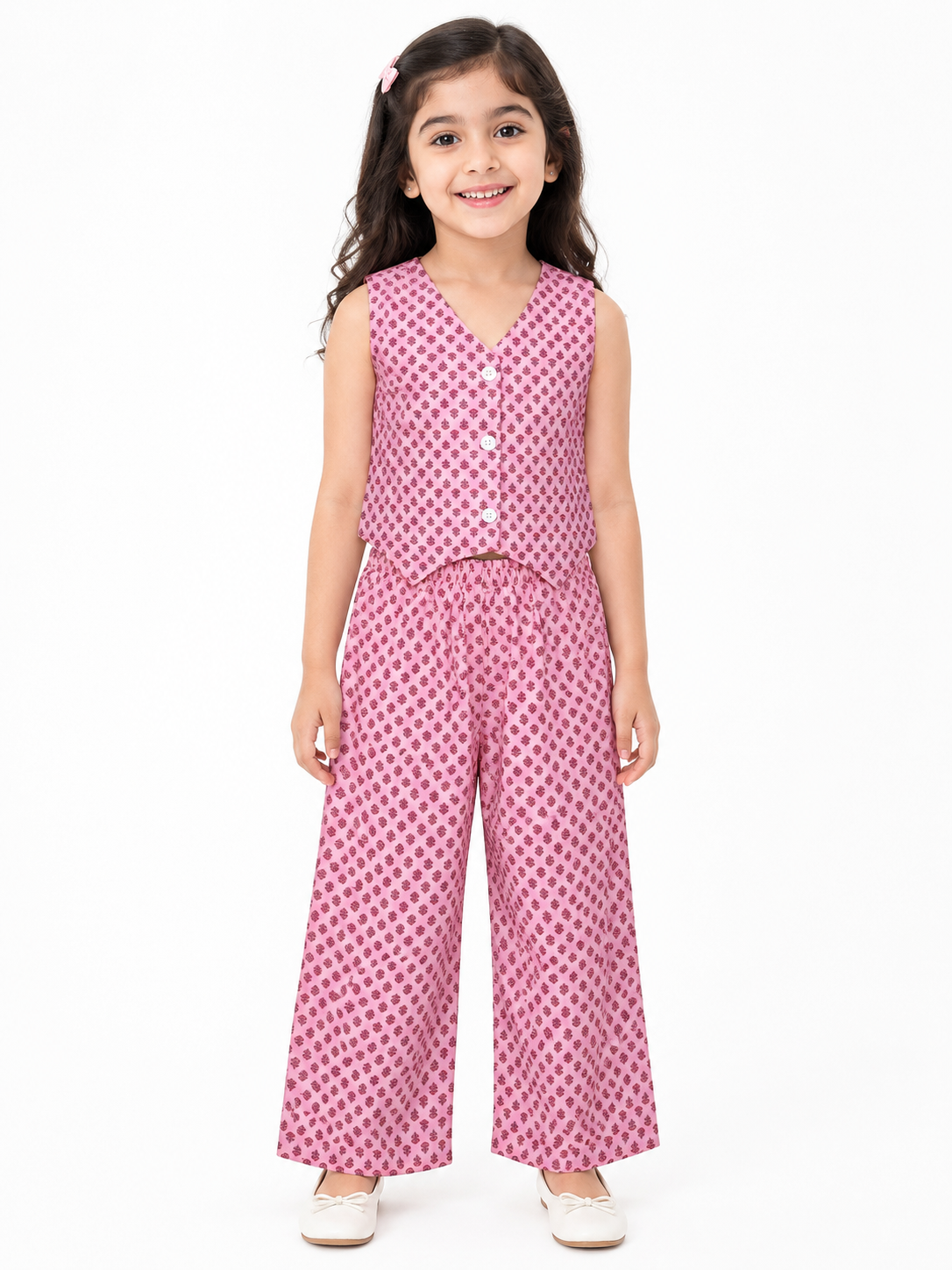 Girls Pure Cotton Tiny Motif Printed Vest Style Crop Top and Wide-Leg Trousers Co-Ord Set