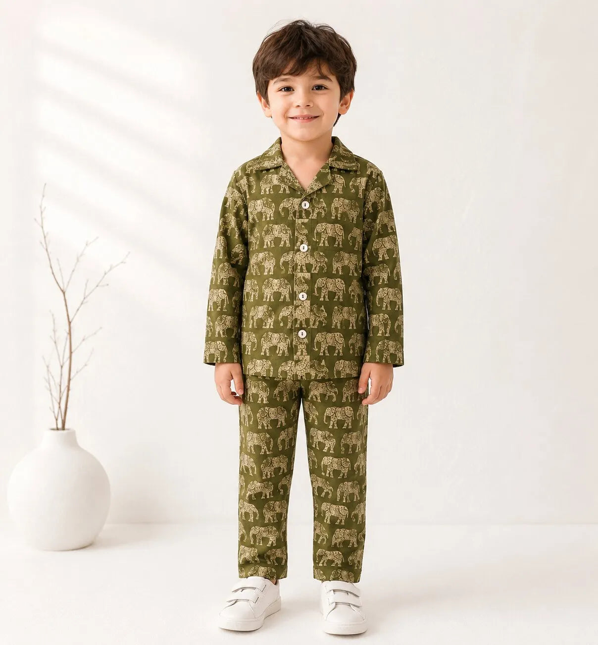 Kids Olive Green & Beige Elephant Print Cotton Lounge Set
