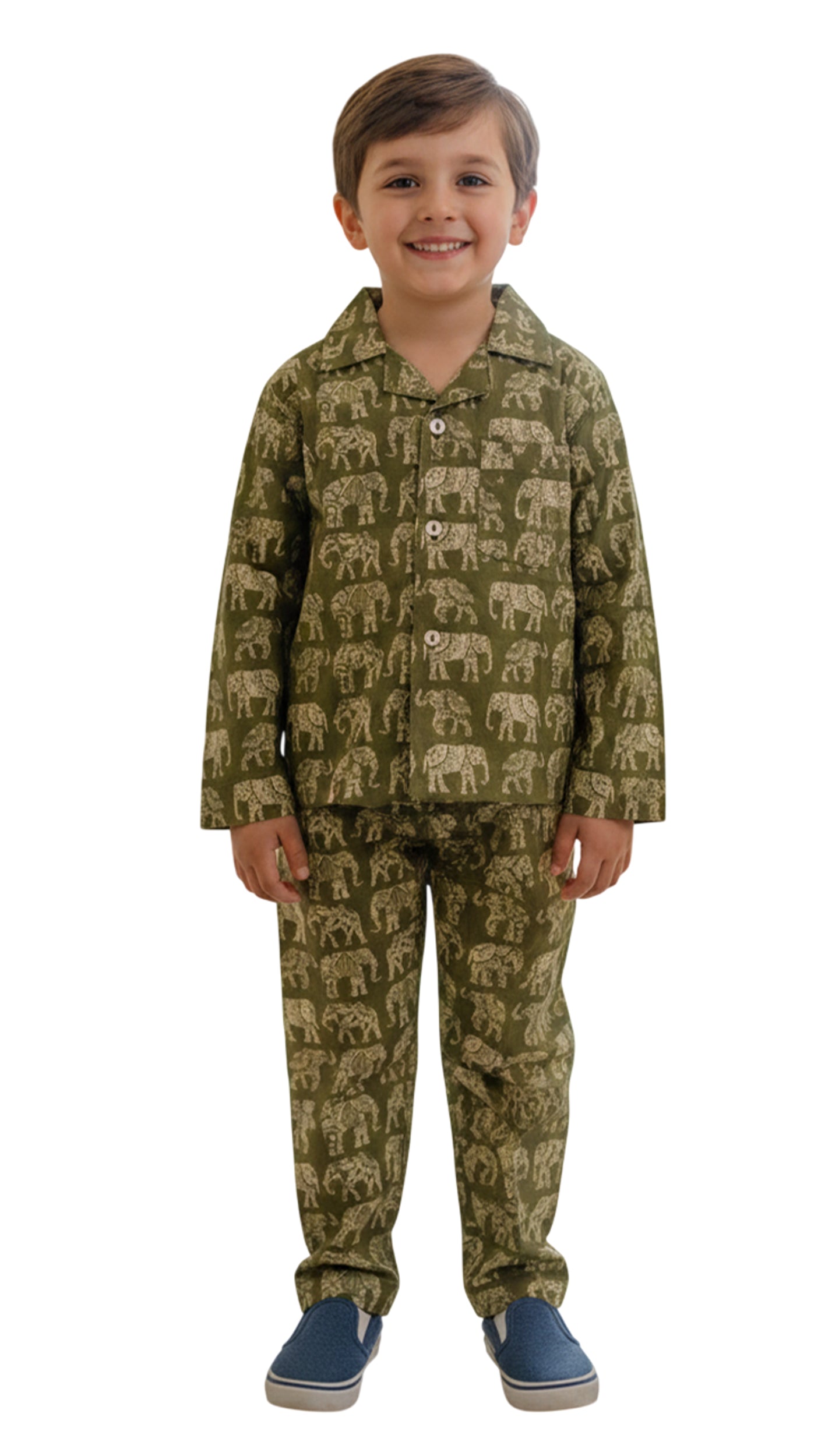 Kids Olive Green & Beige Elephant Print Cotton Lounge Set