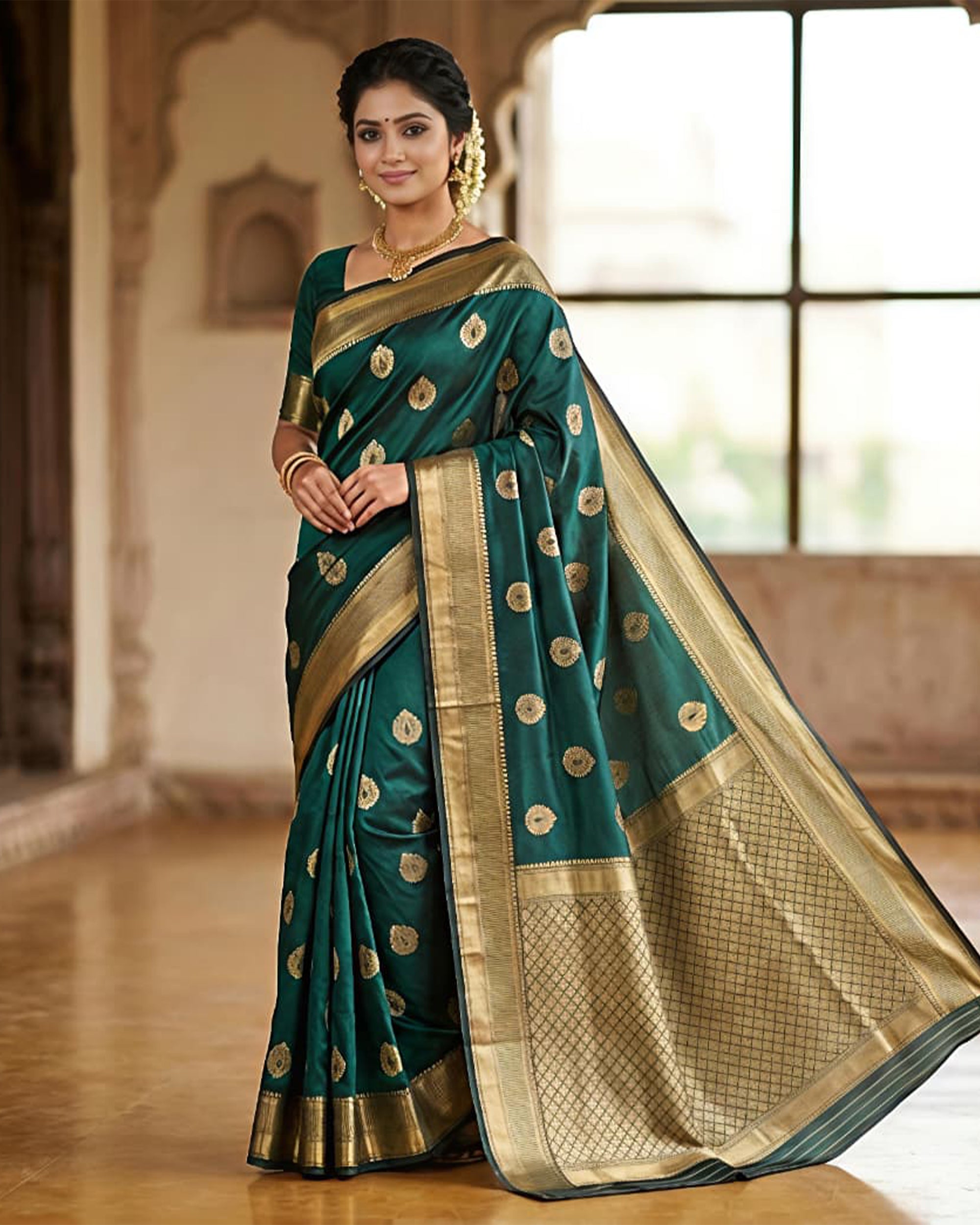 Womens Bottle Green & Gold-Toned Art Silk Kanjeevaram Style Saree with Blouse Piece
