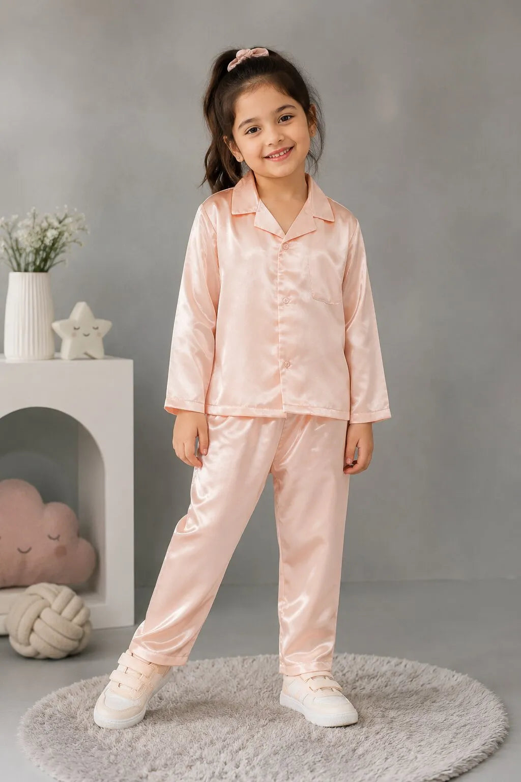 Kids' Peach Solid Satin Girls Night Suit