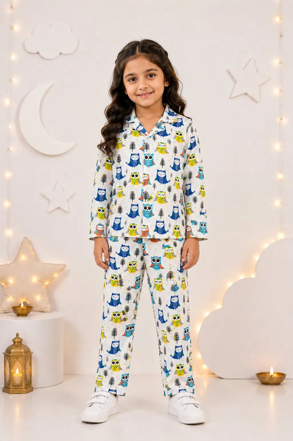 White & Blue Owl Print Pure Cotton Girls Night Suit