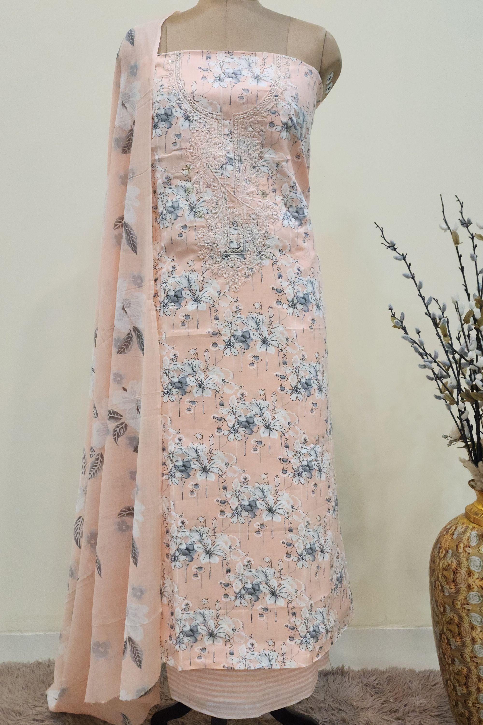 Women's Pure Cotton Peach Floral Print Unstitched Suit Set
