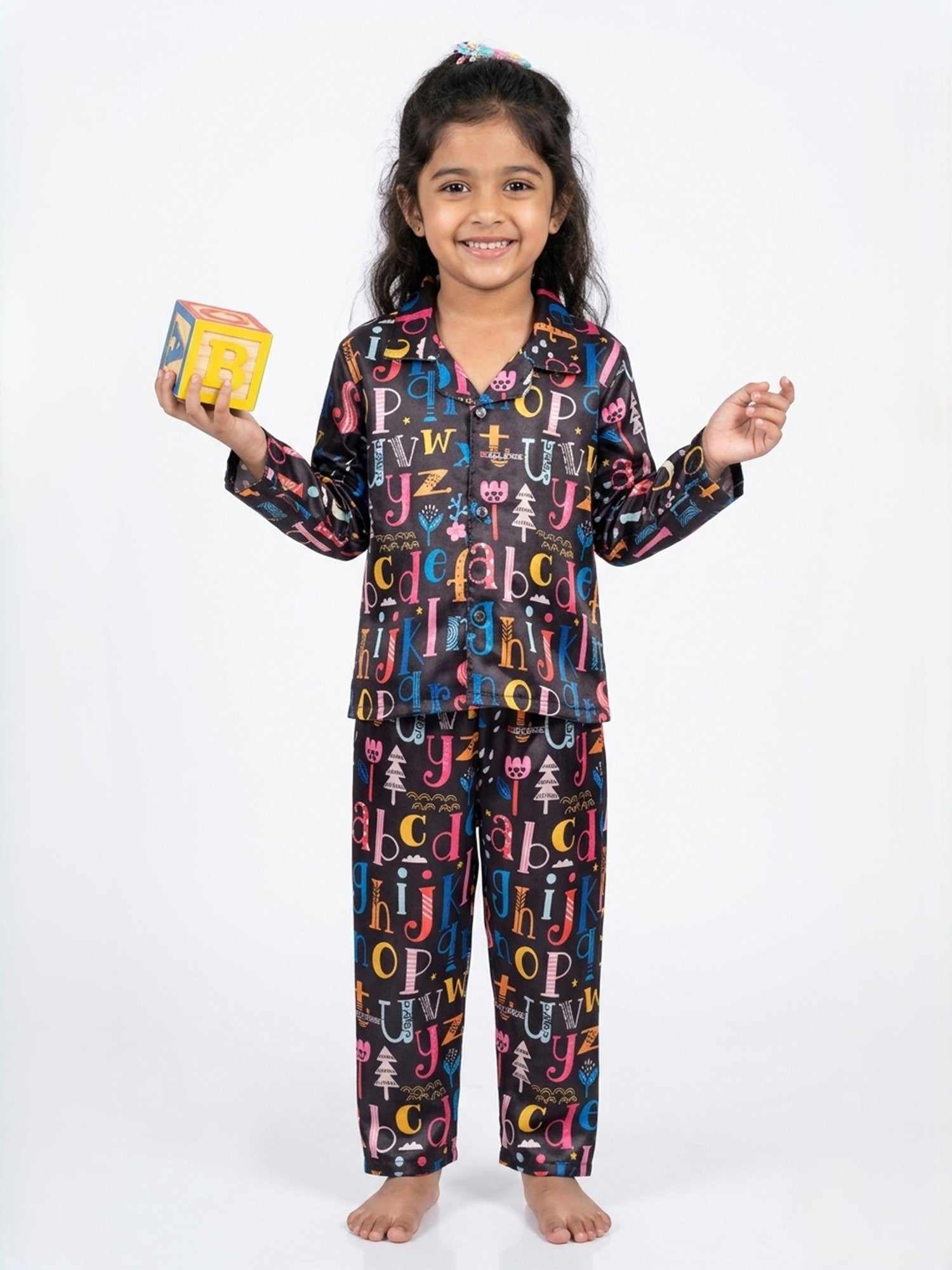 Girls Black & Multicolor Alphabet Print Satin Night Suit