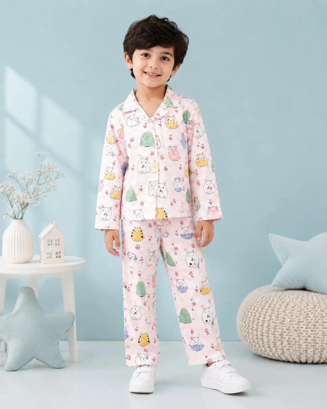 Boys' Whimsical Animal & Wave Print Premium Satin Night Suit – Full Sleeve Shirt & Pajama Set