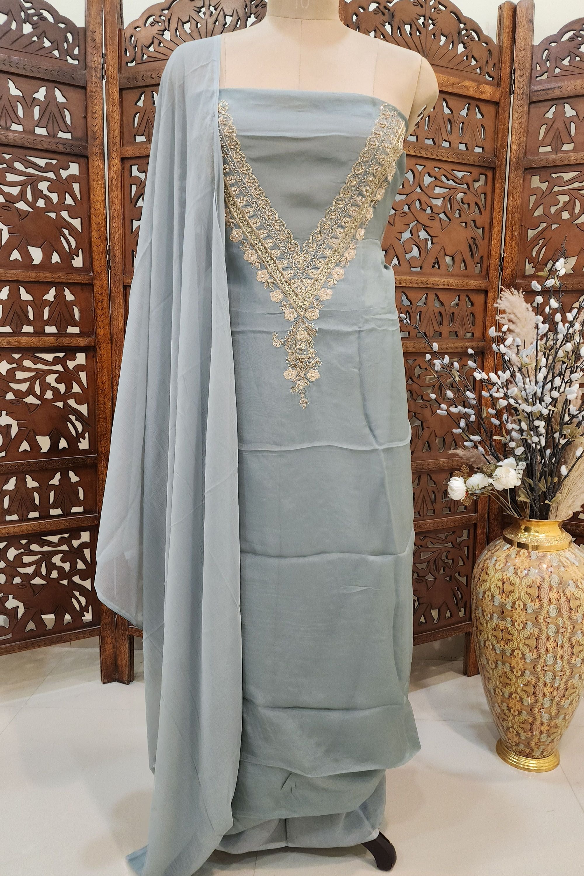 Grey Cotton Unstitched Suit Set