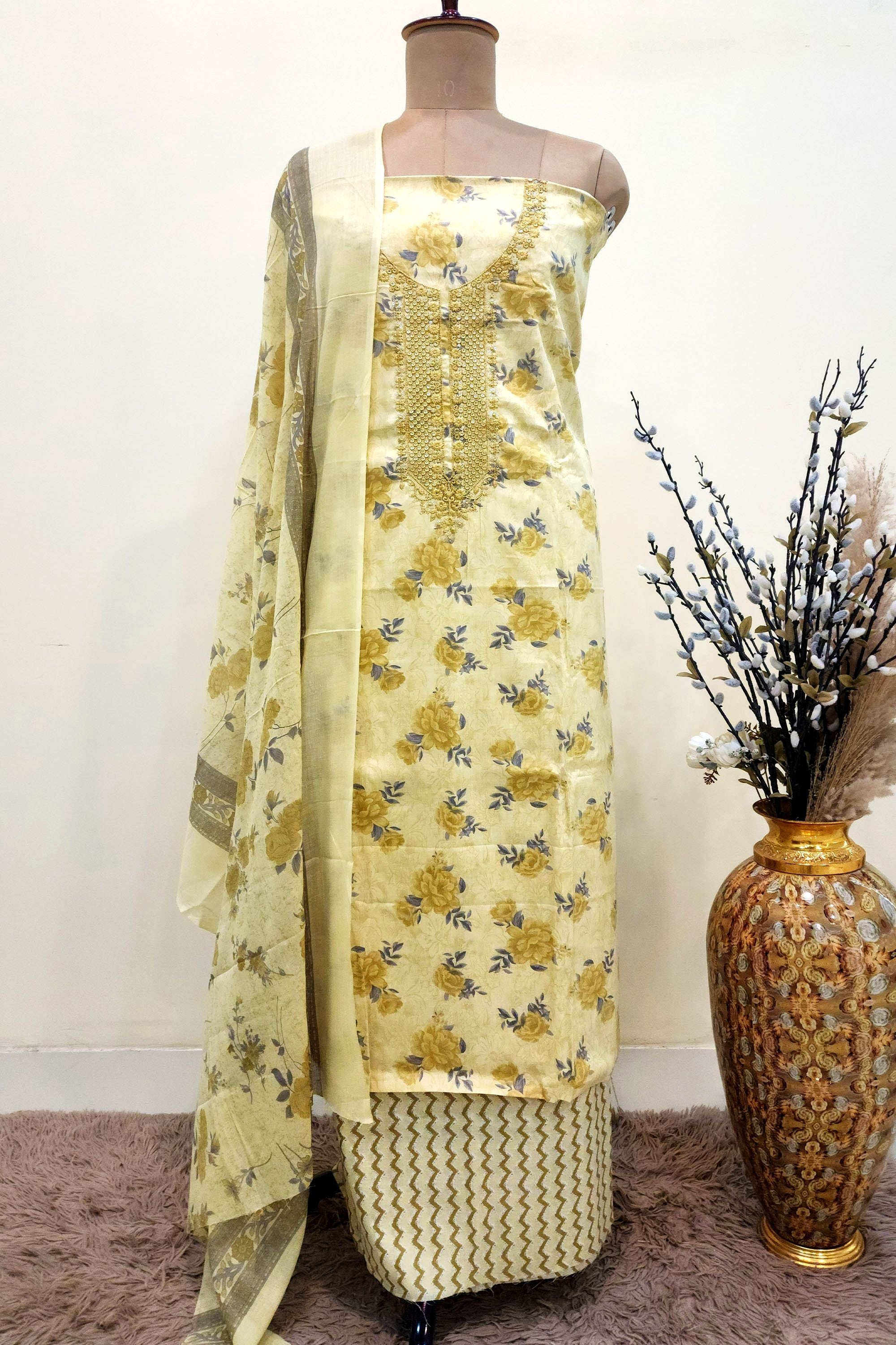 Women's Yellow Floral Printed Cotton Unstitched Suit Set