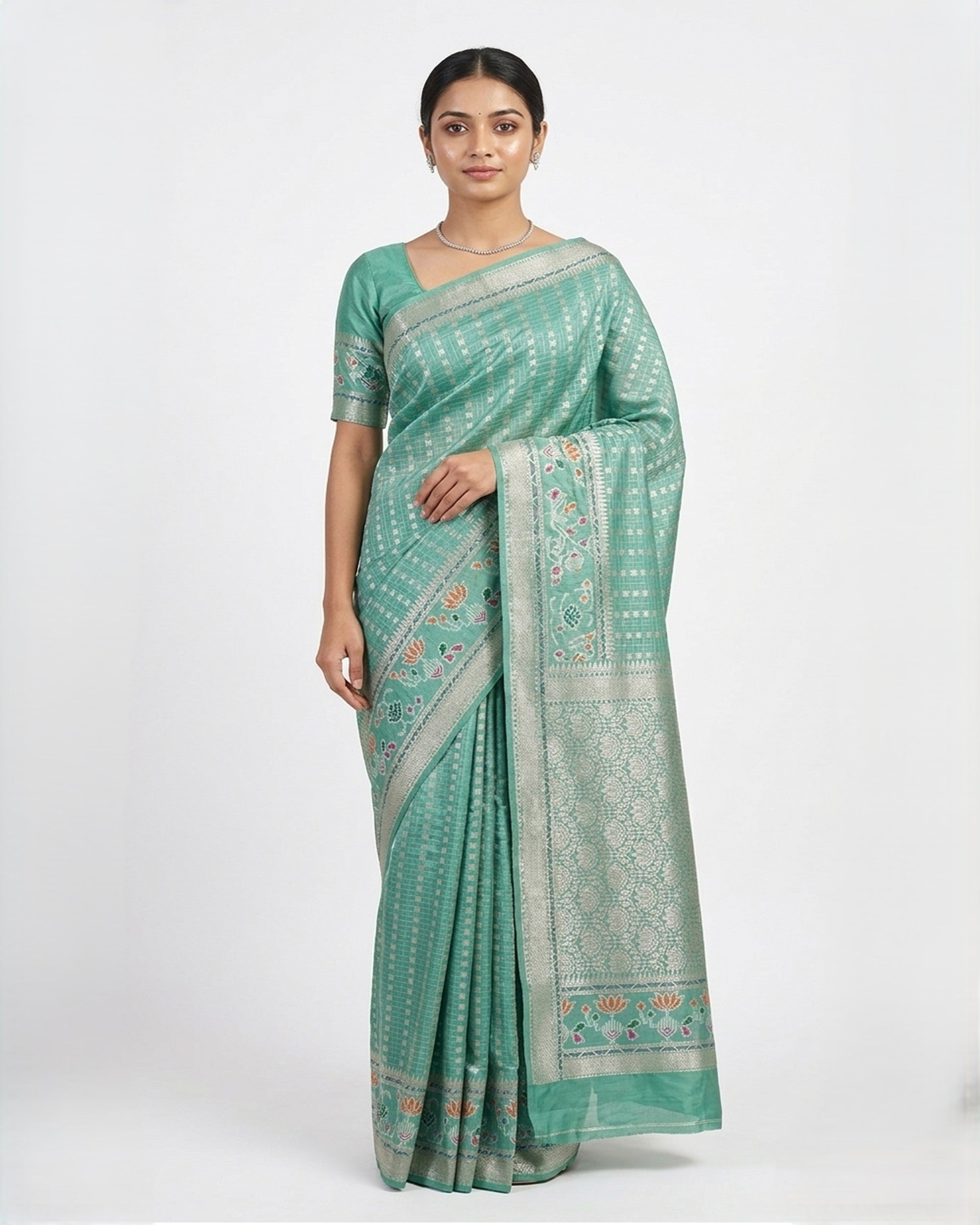 "Sea Green & Silver-Toned Woven Design Zari Silk Blend Banarasi Saree "
