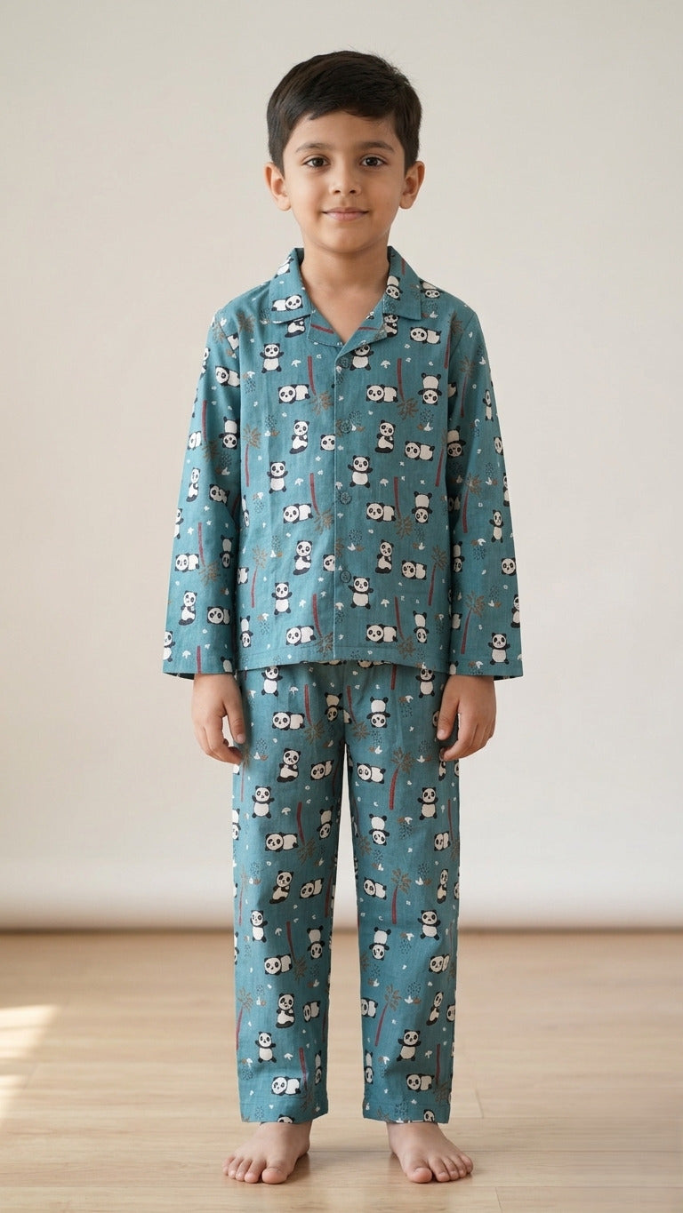 Kids Boys Blue Panda Printed Satin Night Suit