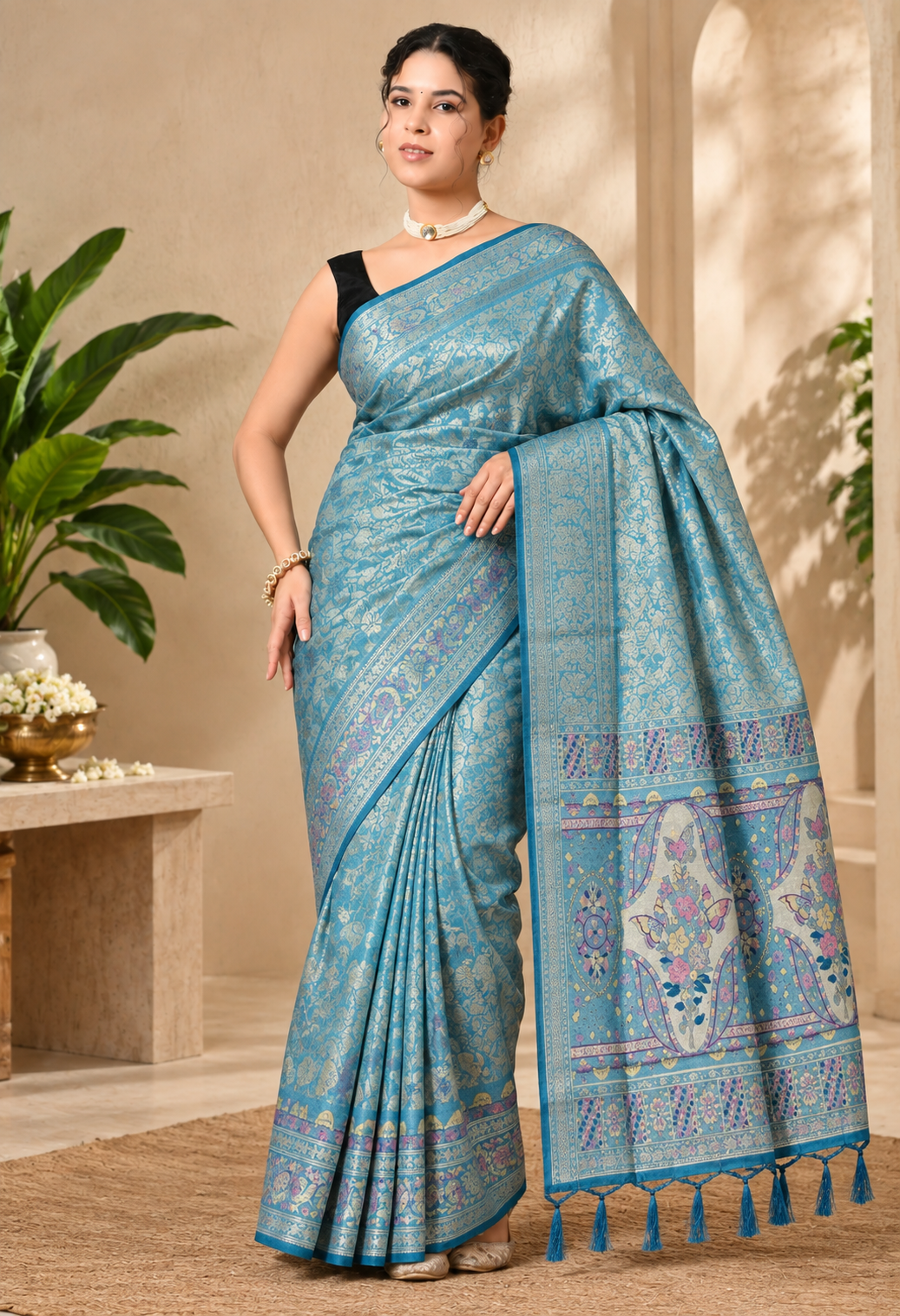 Elegant Blue Printed Saree with Floral Pallu & Tassel Detailing