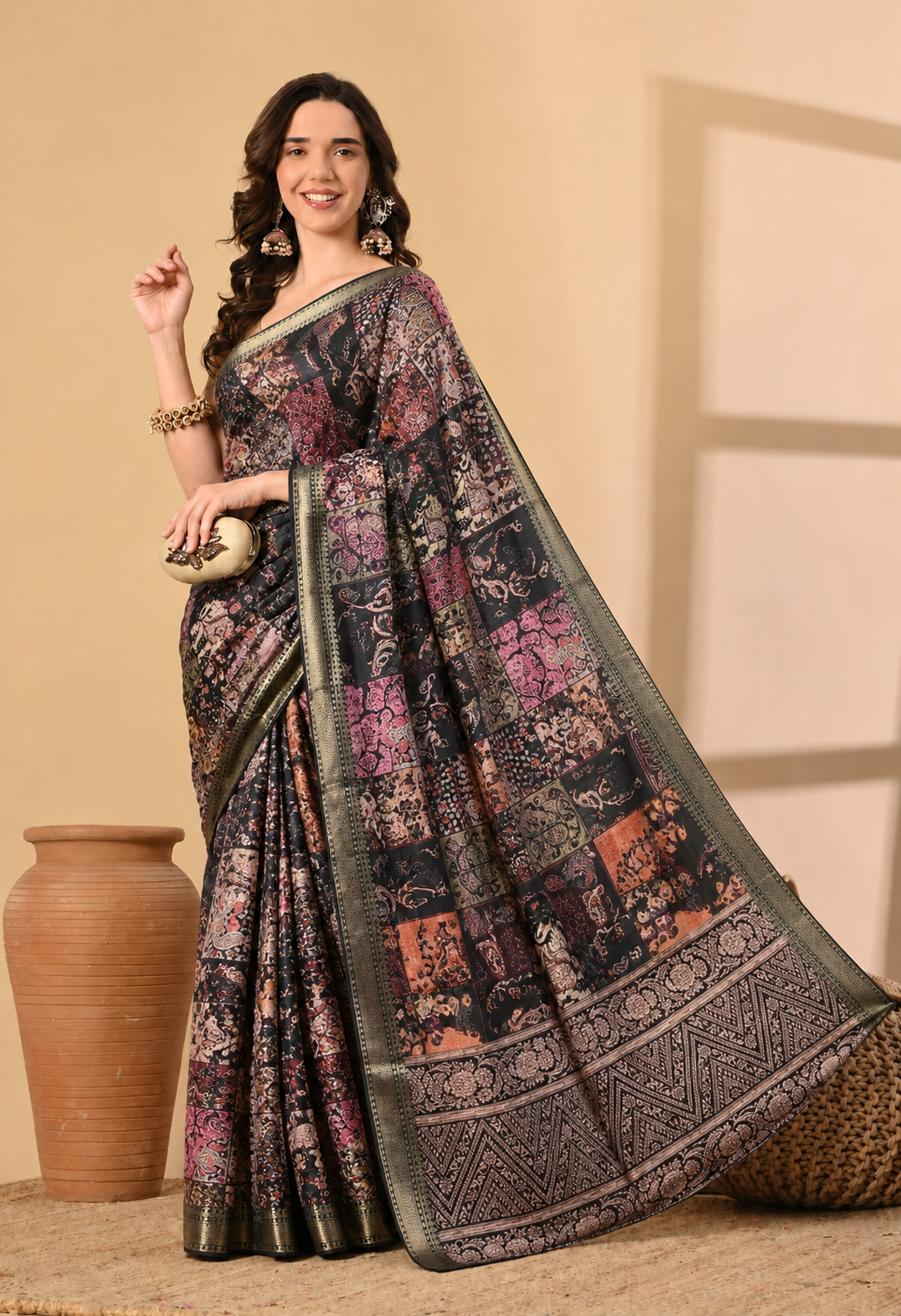 Women Black Printed Georgette Saree with Ethnic Kalamkari-Inspired Motifs
