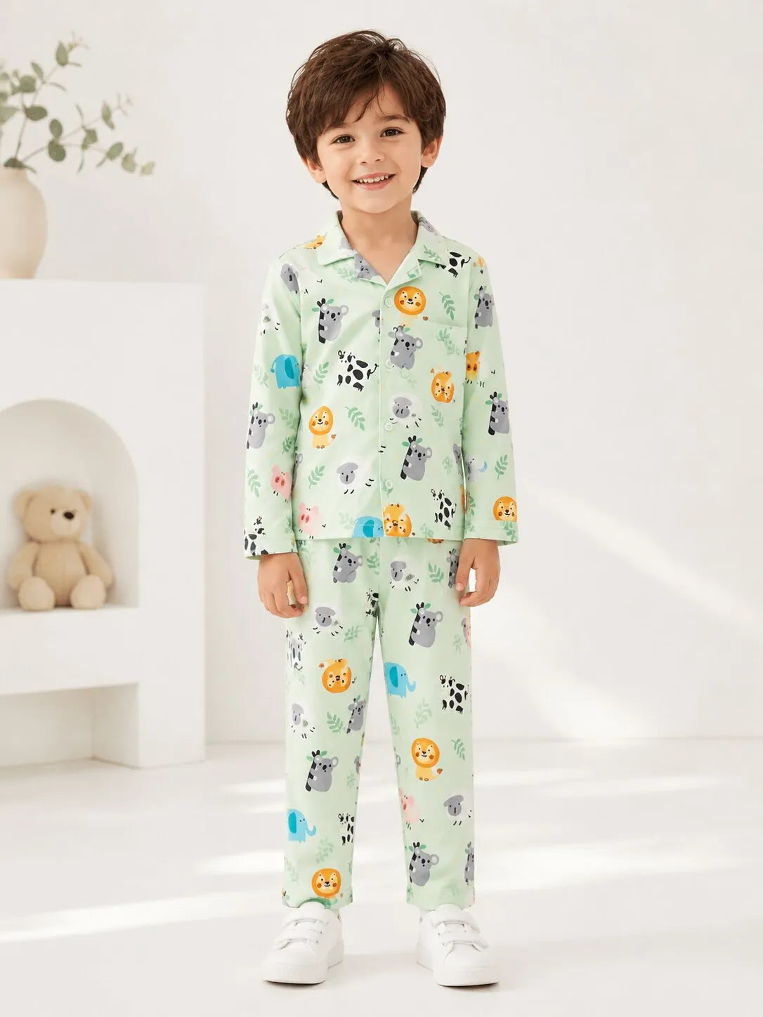 Kids Mint Green Animal Print Satin Night suit Set