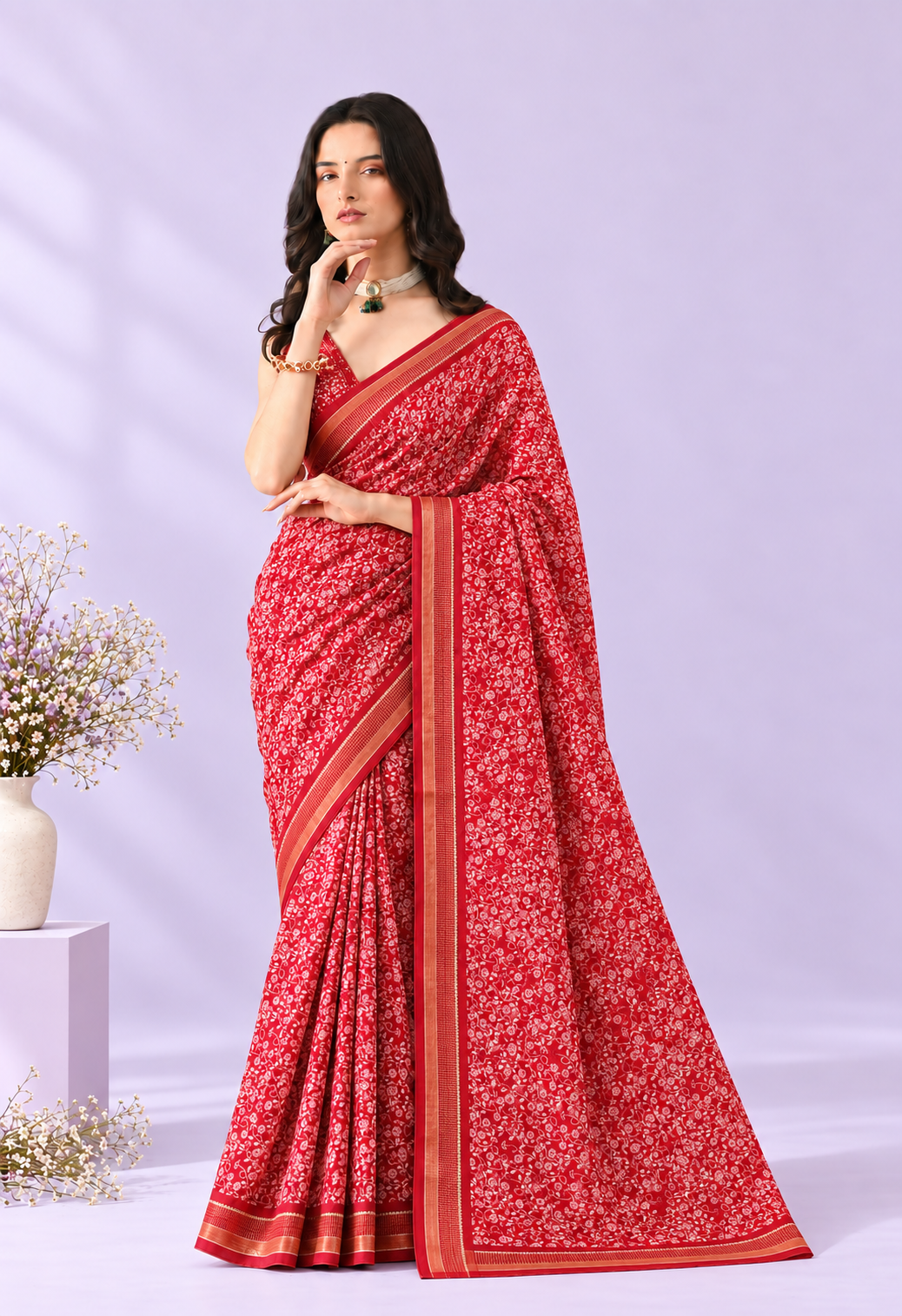 Elegant Red Chiffon Saree with Delicate Floral Print and Traditional Border