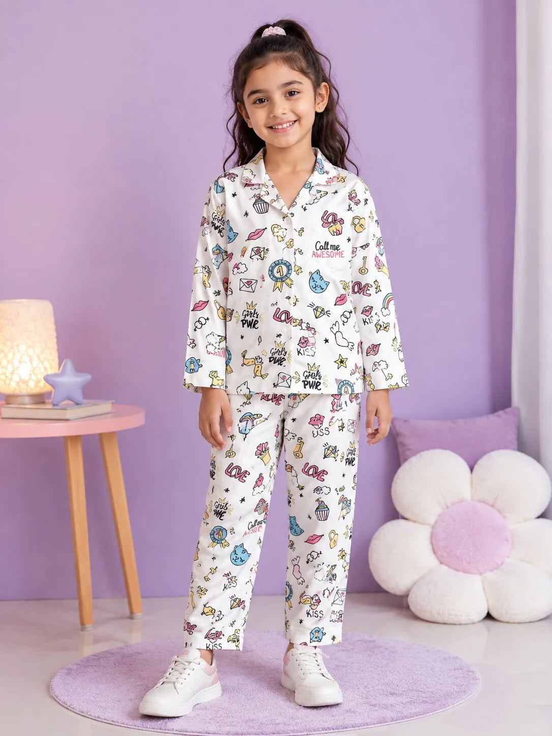 Girl Pearl White & Multicolor Graphic Printed Satin Nightwear Set